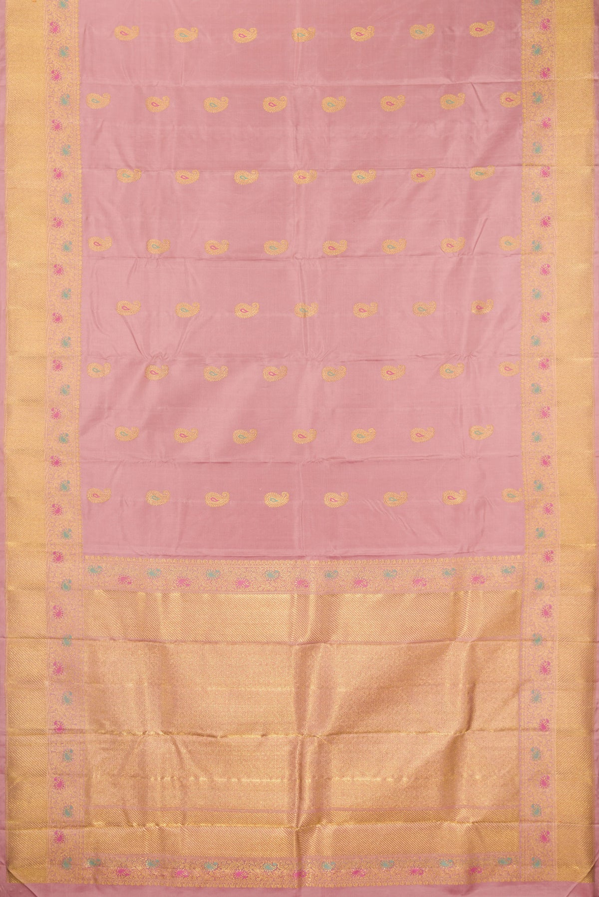 Flat view of Pure Silk Pure Zari Peach Kanjivaram Saree with Zari And Thread Butta on the body and Fancy Border. 