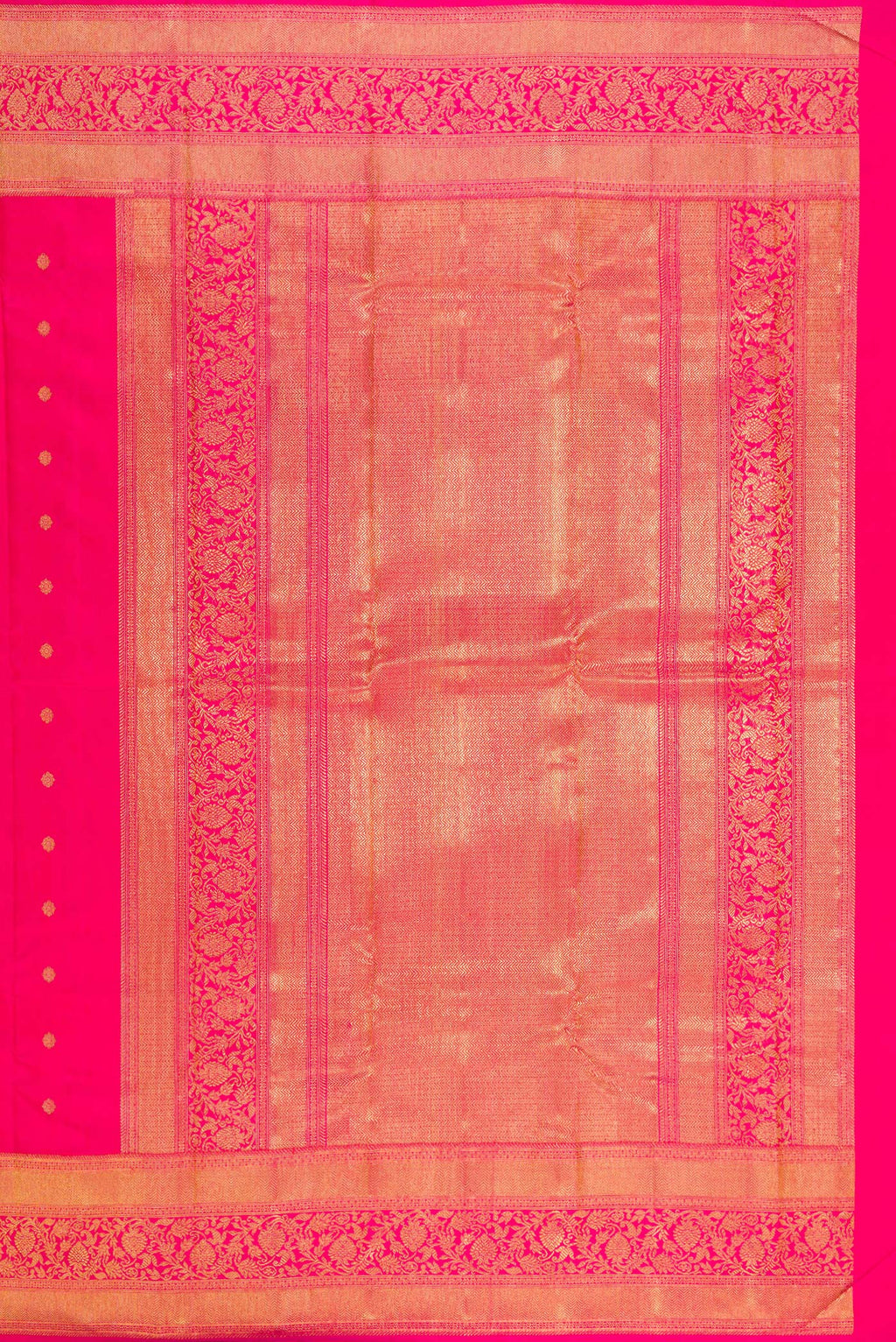 Close up image of the pallu of Pure Silk Pure Zari Dark Pink Kanjivaram Saree with Zari Butta on the body and Fancy Border. 