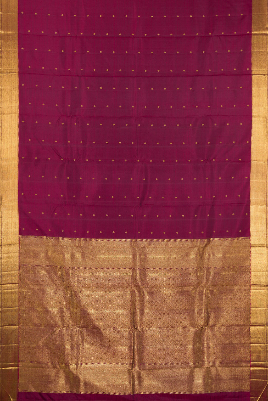 Flat view of Pure Silk Pure Zari Maroon Kanjivaram Saree with Zari Butta on the body and Zari Border. 