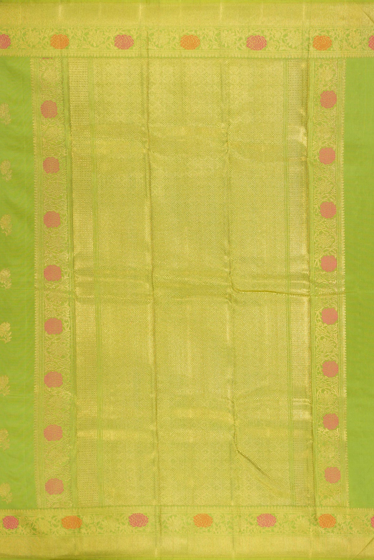 Close up image of the pallu of Pure Silk Pure Zari Parrot Green Kanjivaram Saree with Zari And Thread Butta on the body and Fancy Border. 