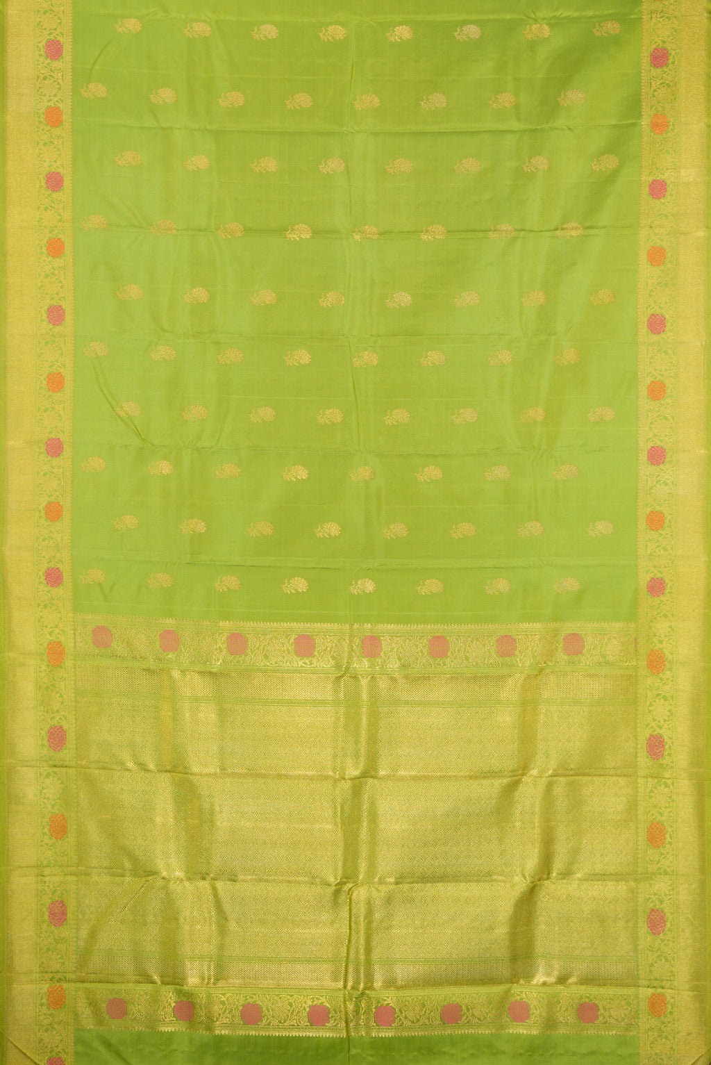 Flat view of Pure Silk Pure Zari Parrot Green Kanjivaram Saree with Zari And Thread Butta on the body and Fancy Border. 