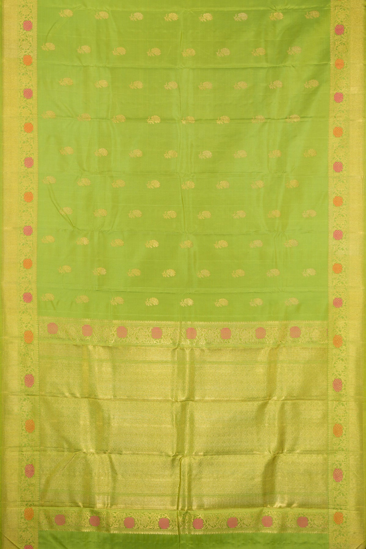 Flat view of Pure Silk Pure Zari Parrot Green Kanjivaram Saree with Zari And Thread Butta on the body and Fancy Border. 