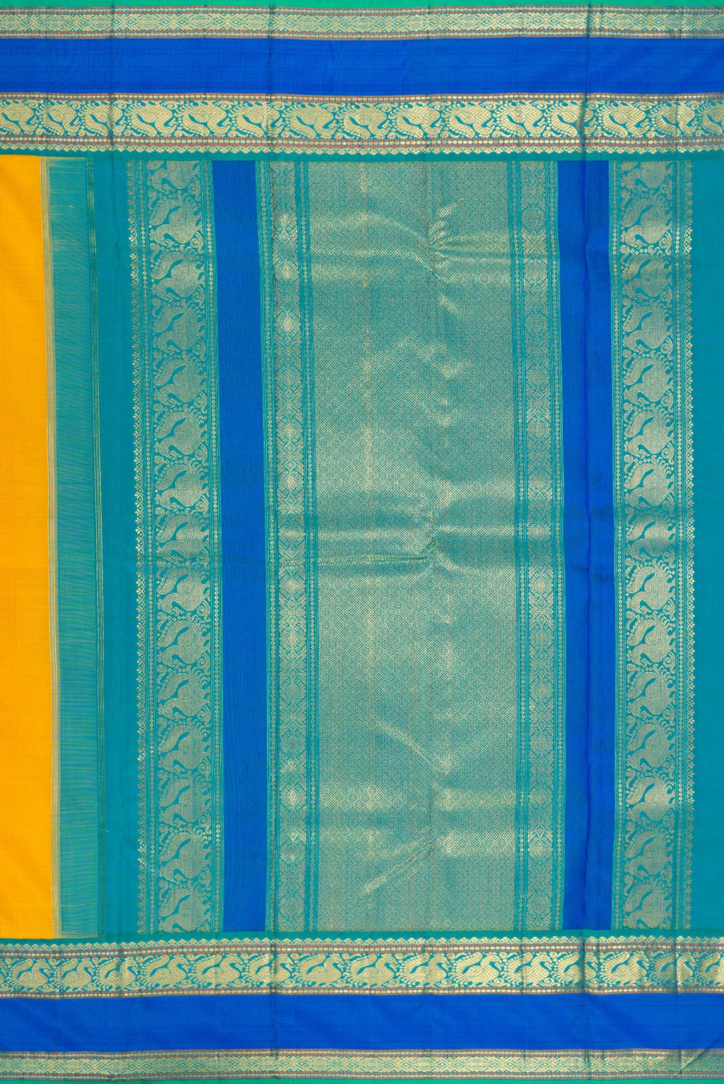 Close up image of the pallu of Pure Silk Pure Zari Yellow Kanjivaram Saree with Zari Butta on the body and Zari Border. 