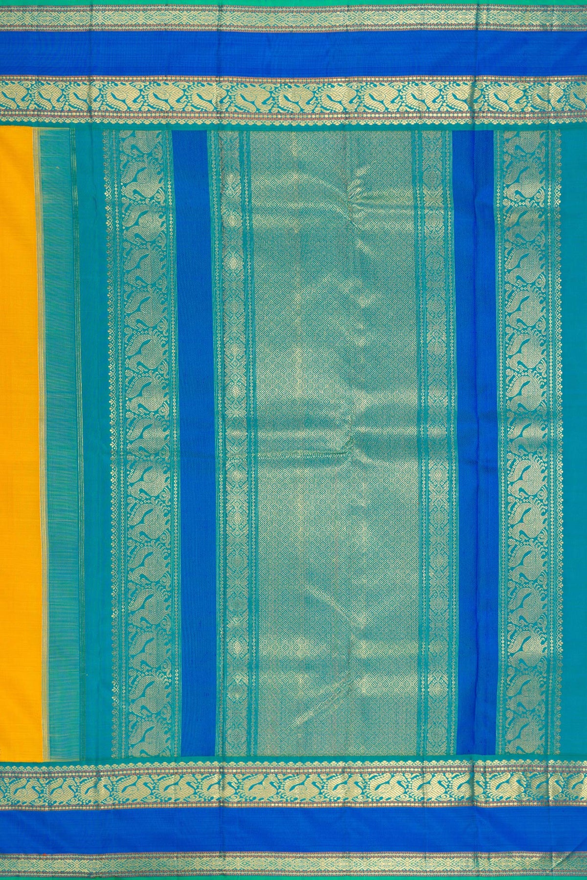Close up image of the pallu of Pure Silk Pure Zari Yellow Kanjivaram Saree with Zari Butta on the body and Zari Border. 