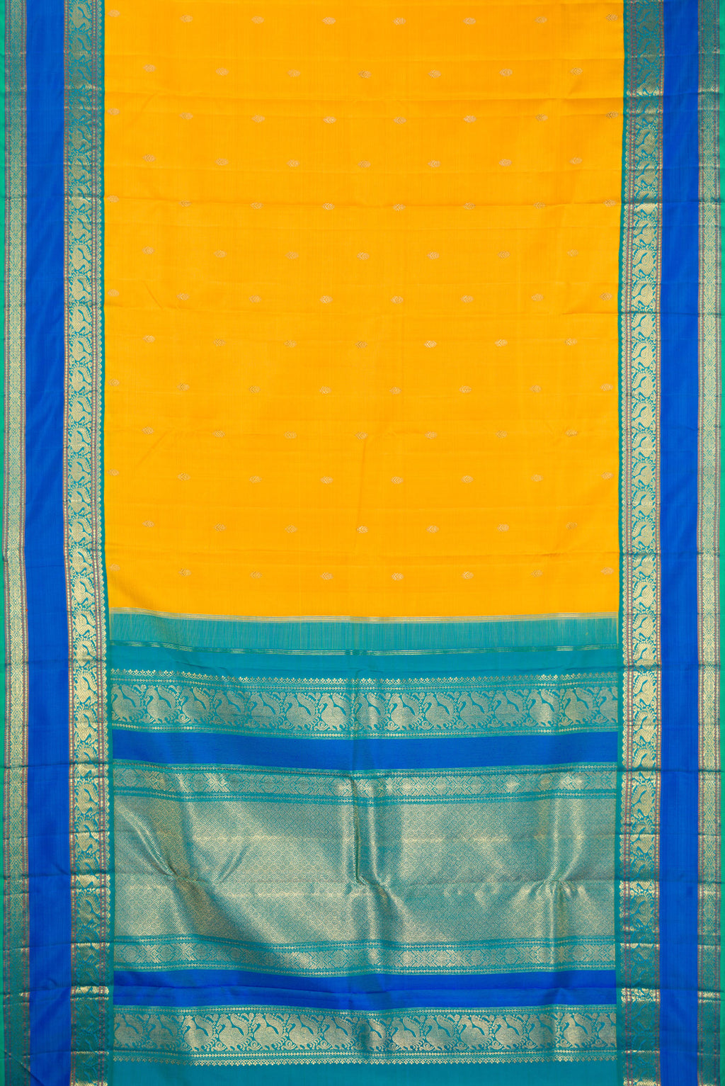 Flat view of Pure Silk Pure Zari Yellow Kanjivaram Saree with Zari Butta on the body and Zari Border. 