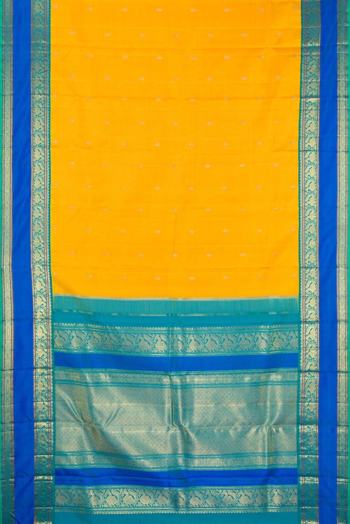 Flat view of Pure Silk Pure Zari Yellow Kanjivaram Saree with Zari Butta on the body and Zari Border. 