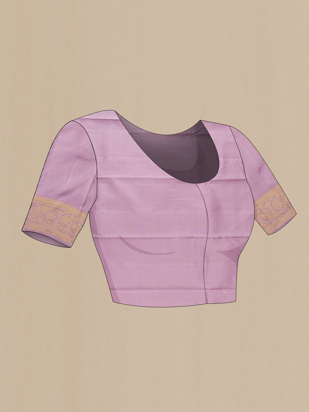 Close up image of the blouse of Pure Silk Pure Zari Lavender Dual Tone Kanjivaram Saree with Zari Butta on the body and Zari Border. 