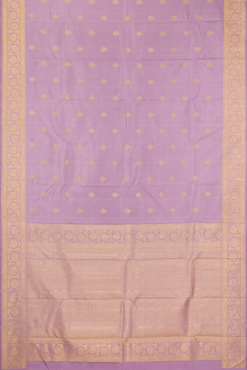 Flat view of Pure Silk Pure Zari Lavender Dual Tone Kanjivaram Saree with Zari Butta on the body and Zari Border. 