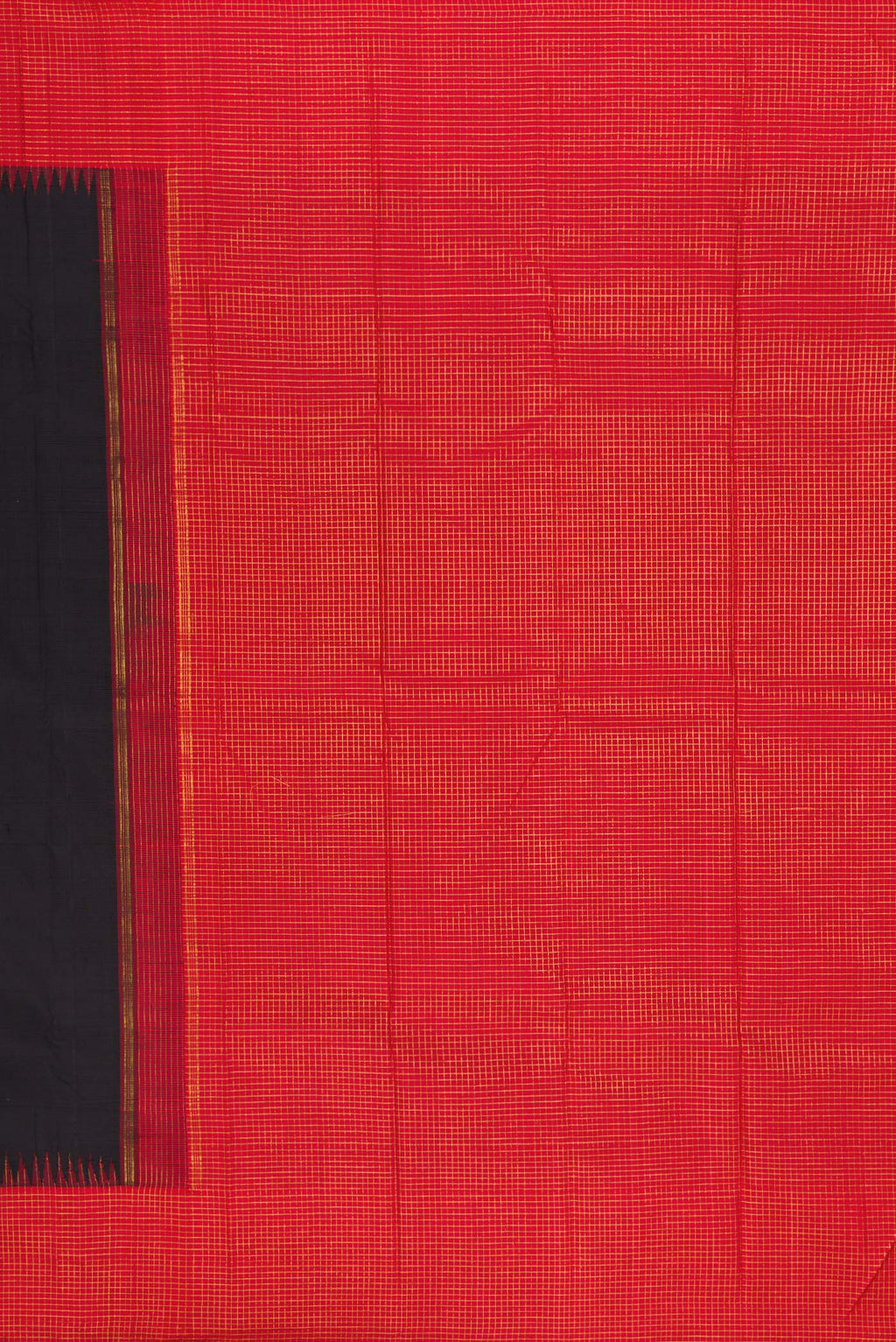 Close up image of the pallu of Pure Silk Pure Zari Black Kanchipuram Saree with Plain Body and Checks Border. 
