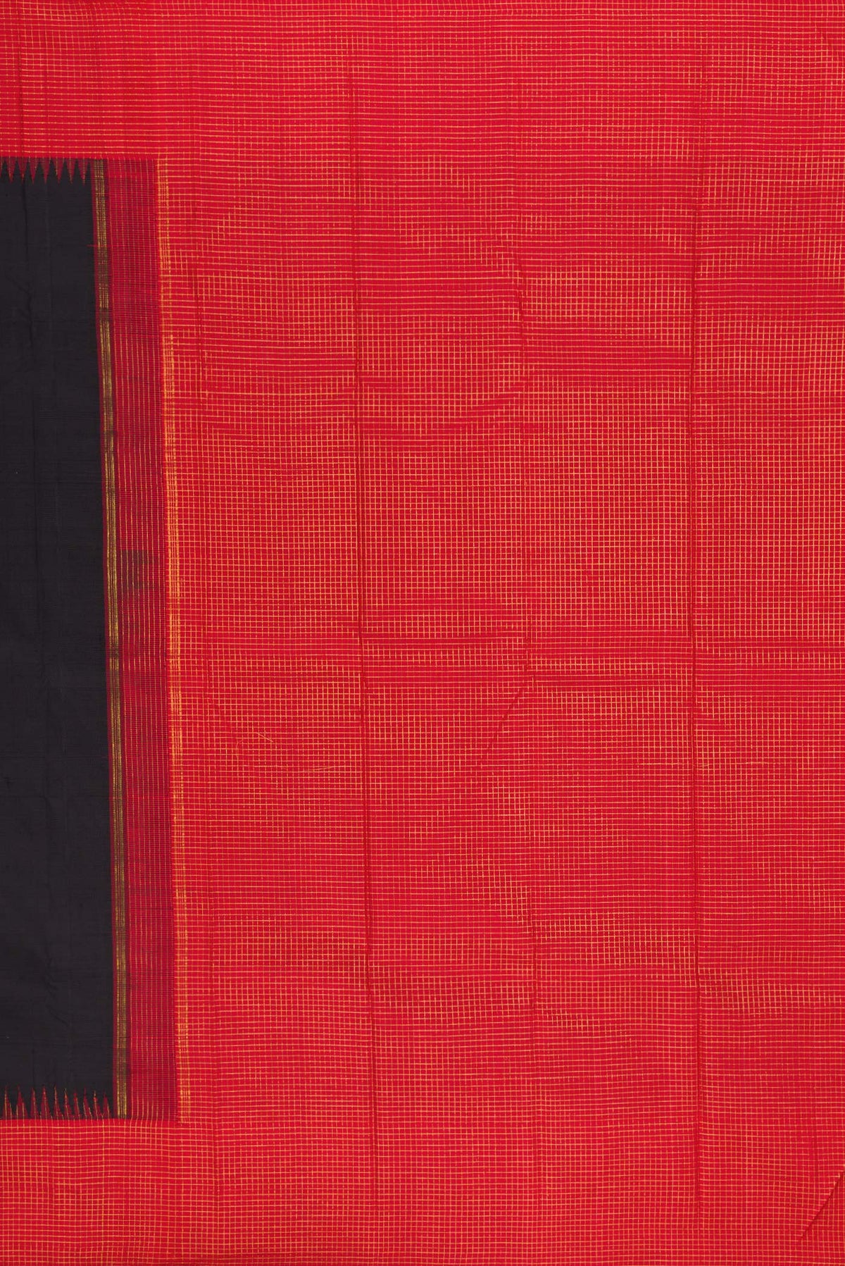 Close up image of the pallu of Pure Silk Pure Zari Black Kanchipuram Saree with Plain Body and Checks Border. 