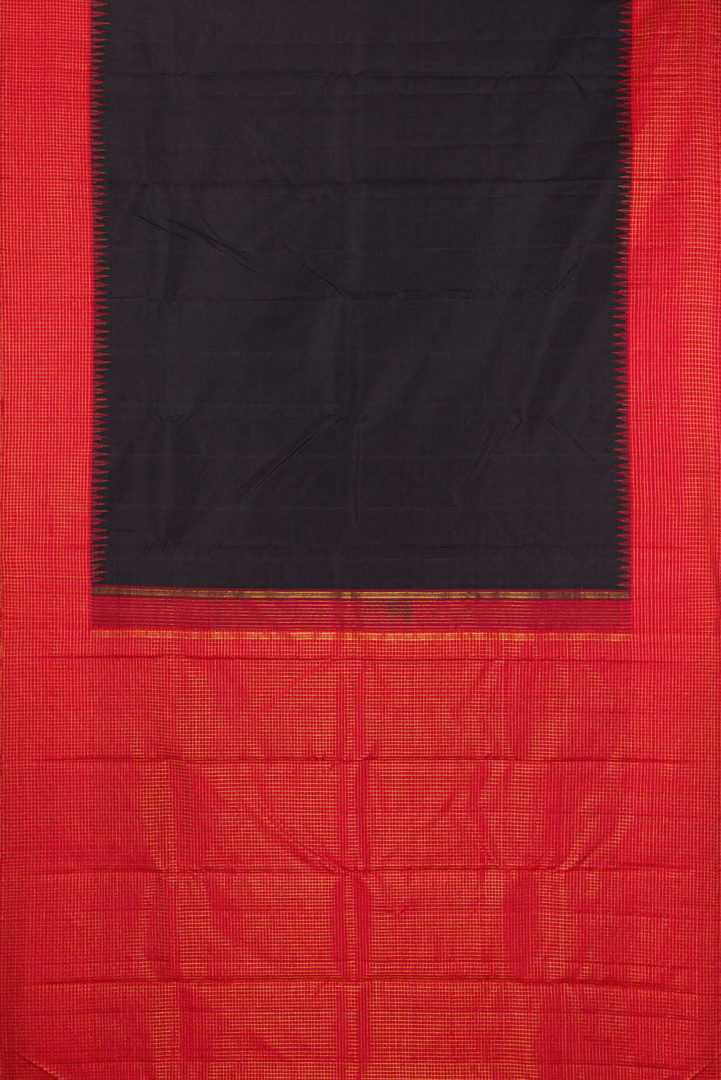Flat view of Pure Silk Pure Zari Black Kanchipuram Saree with Plain Body and Checks Border. 