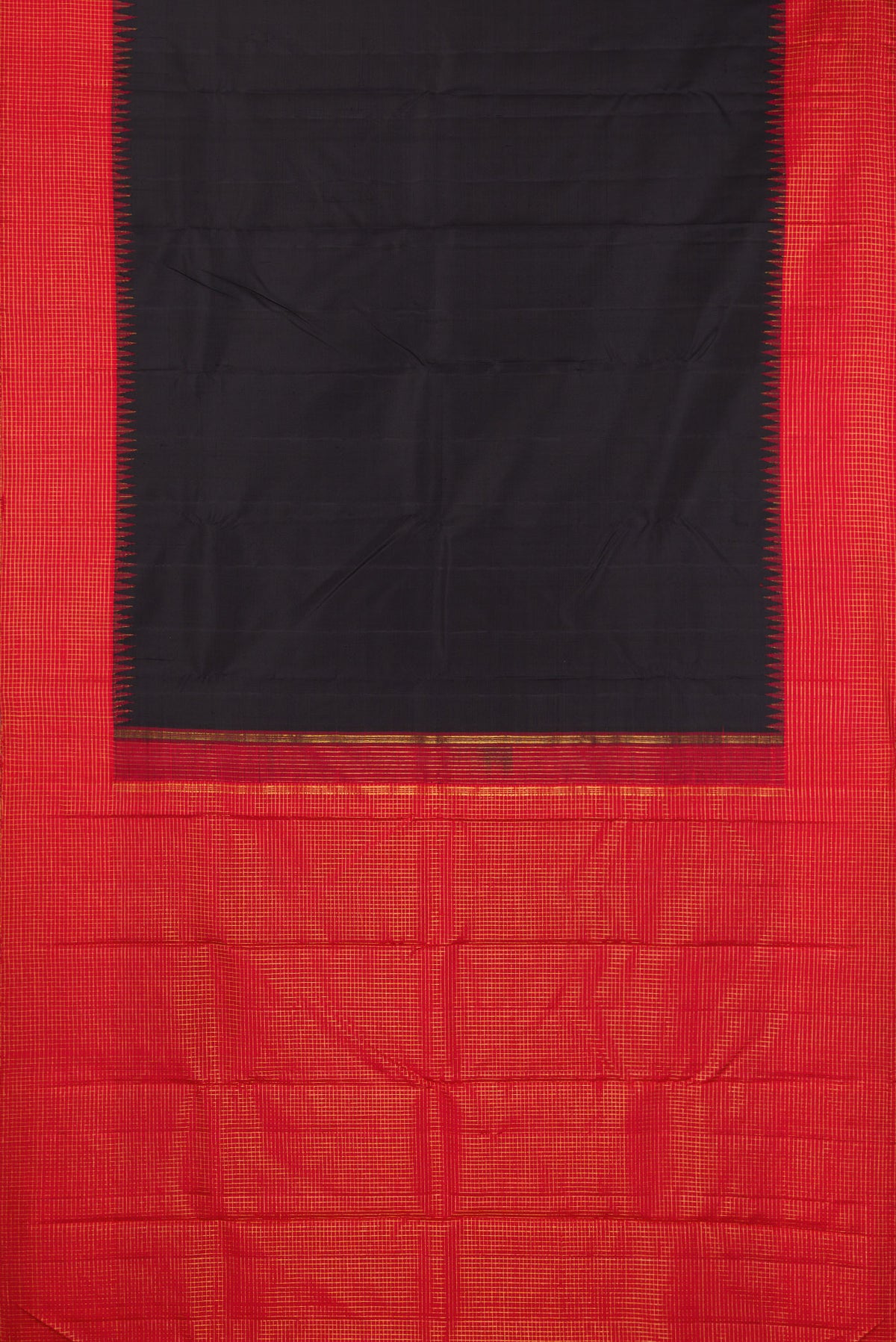Flat view of Pure Silk Pure Zari Black Kanchipuram Saree with Plain Body and Checks Border. 