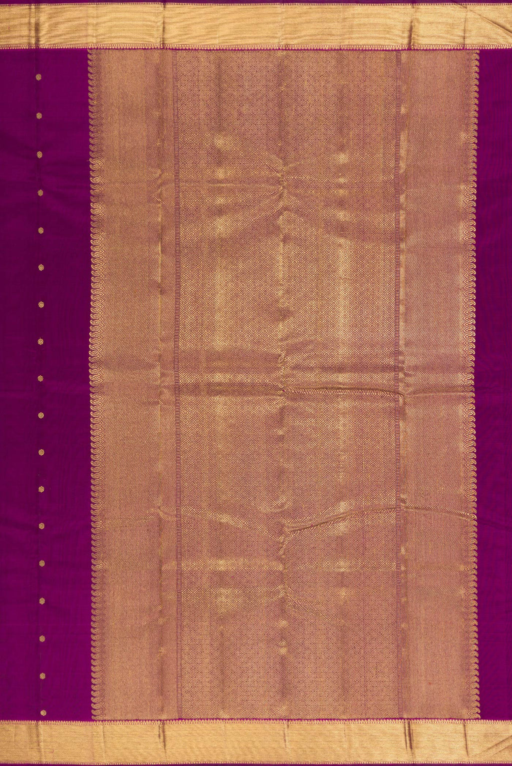 Close up image of the pallu of Pure Silk Pure Zari Purple Dual Tone Kanjivaram Saree with Zari Butta on the body and Zari Border. 