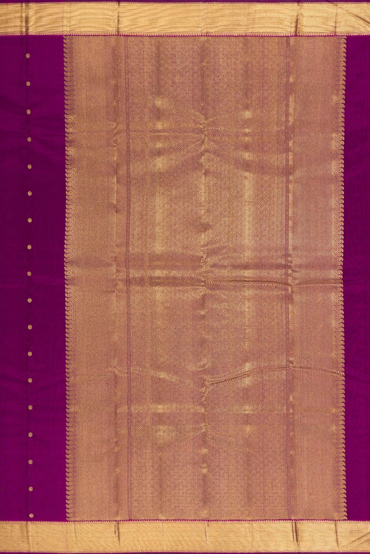 Close up image of the pallu of Pure Silk Pure Zari Purple Dual Tone Kanjivaram Saree with Zari Butta on the body and Zari Border. 