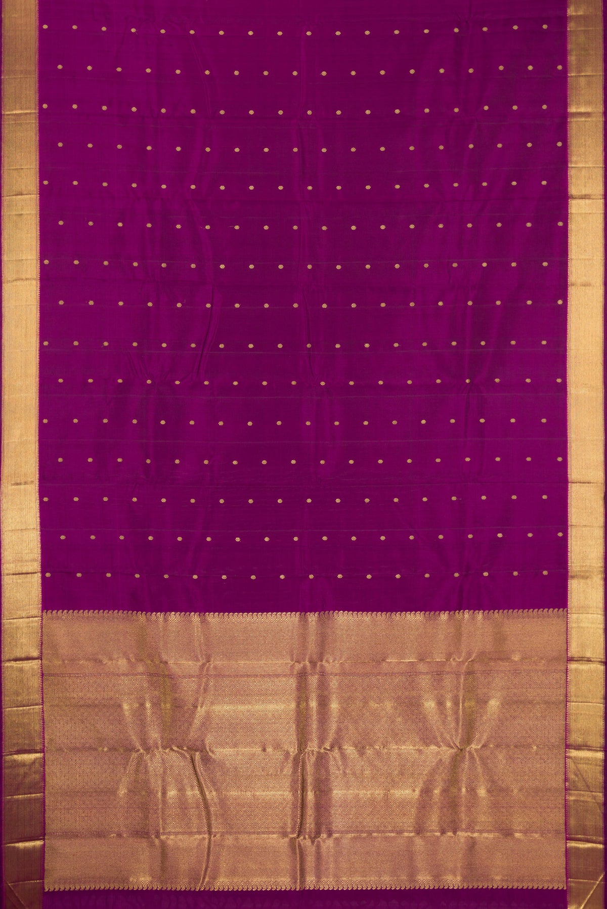 Flat view of Pure Silk Pure Zari Purple Dual Tone Kanjivaram Saree with Zari Butta on the body and Zari Border. 