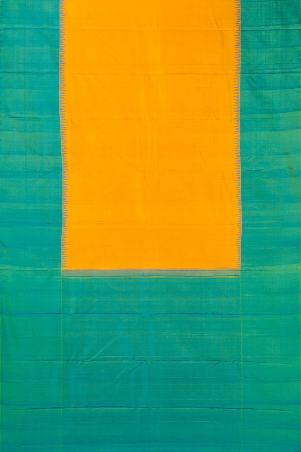 Flat view of Pure Silk Mustard Kanjivaram Saree with Plain Body and Temple Border. 