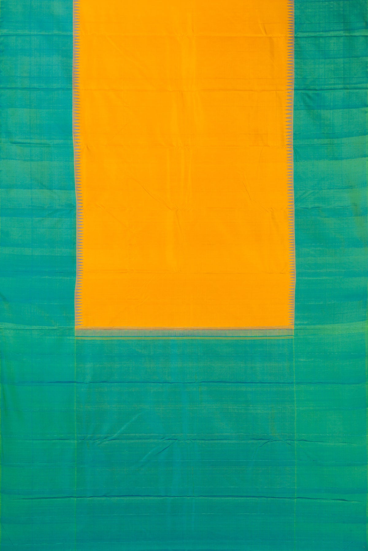Flat view of Pure Silk Mustard Kanjivaram Saree with Plain Body and Temple Border. 
