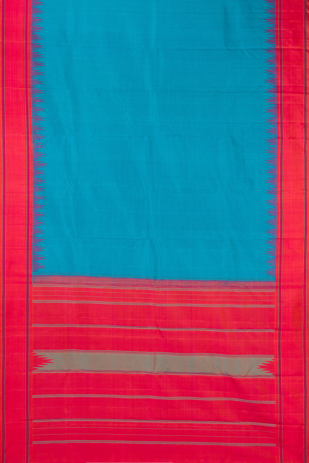 Flat view of Pure Silk Sky Blue Kanjivaram Saree with Checked design on the body and Thread Border. 
