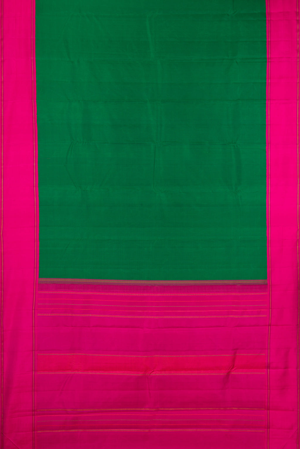 Flat view of Pure Silk Green Kanjivaram Saree with Plain Body and Plain Border. 
