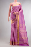 Pure Silk Lavender Kanjivaram Saree with Zari Brocade on the body and Zari Border.  displayed on a mannequin