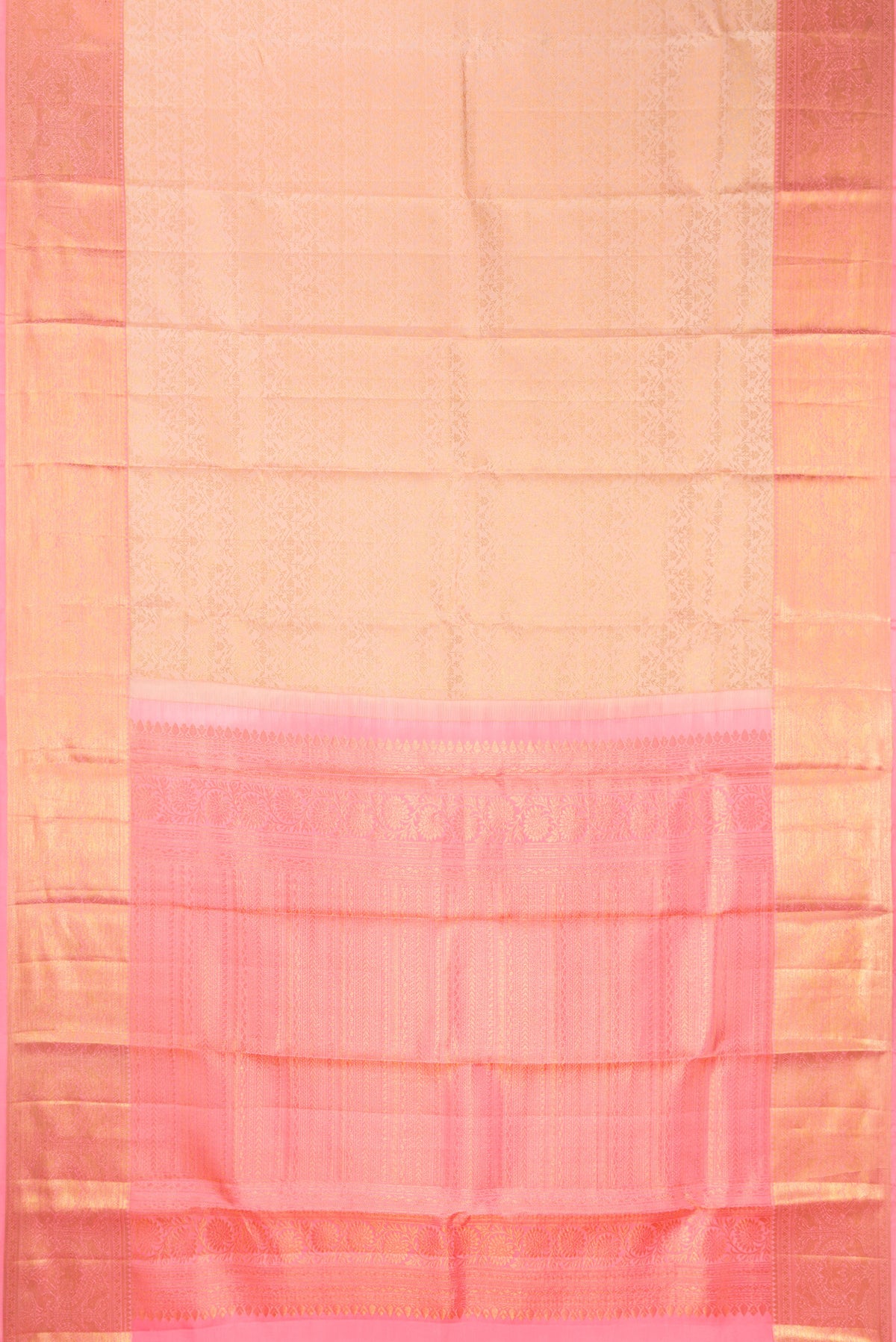 Flat view of Pure Silk Golden Peach Dual Tone Kanchipuram Saree with Zari Brocade on the body and Zari Border. 