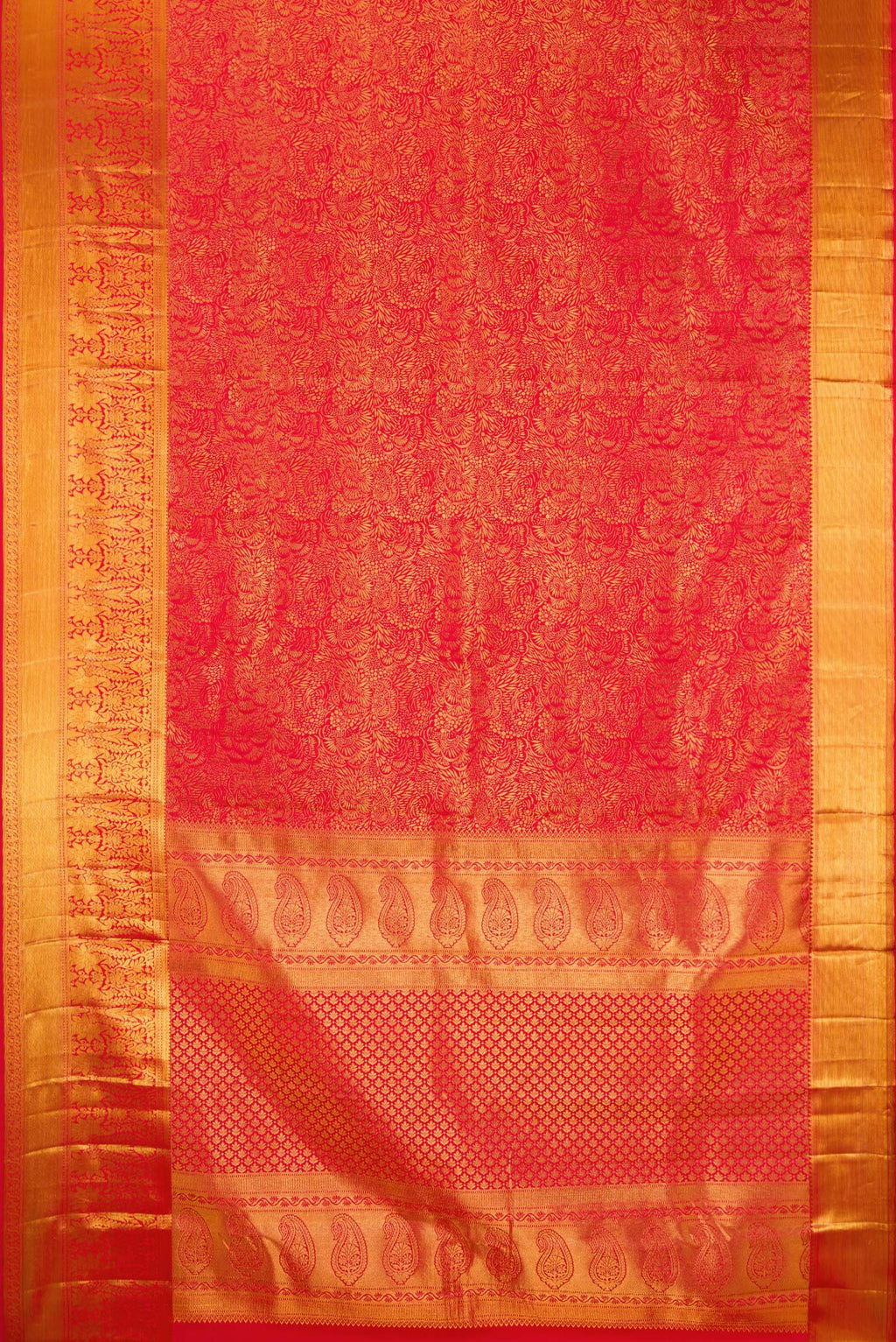 Flat view of Pure Silk Red Dual Tone Kanchipuram Saree with Zari Brocade on the body and Zari Border. 