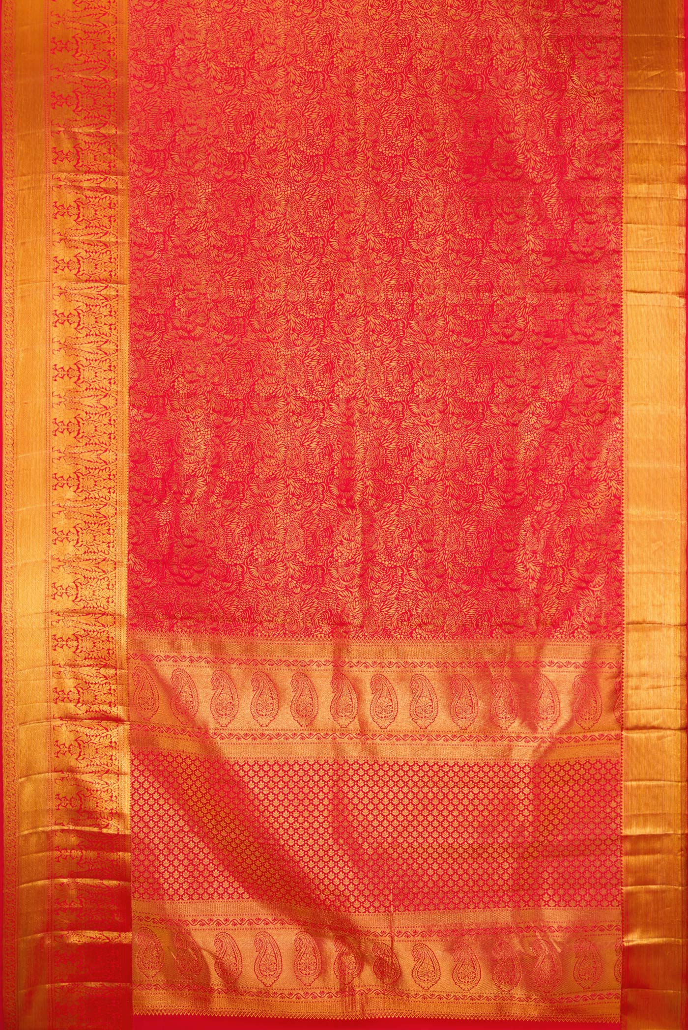 Flat view of Pure Silk Red Dual Tone Kanchipuram Saree with Zari Brocade on the body and Zari Border. 