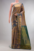 Pure Silk Light Blue Dual Tone Kanchipuram Saree with Zari Brocade on the body and Zari Border.  displayed on a mannequin