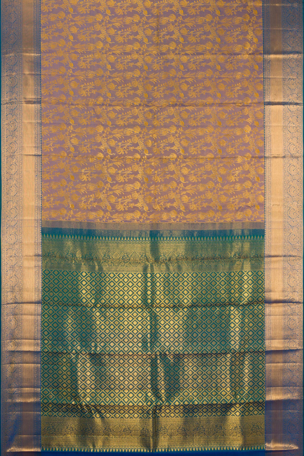 Flat view of Pure Silk Light Blue Dual Tone Kanchipuram Saree with Zari Brocade on the body and Zari Border. 