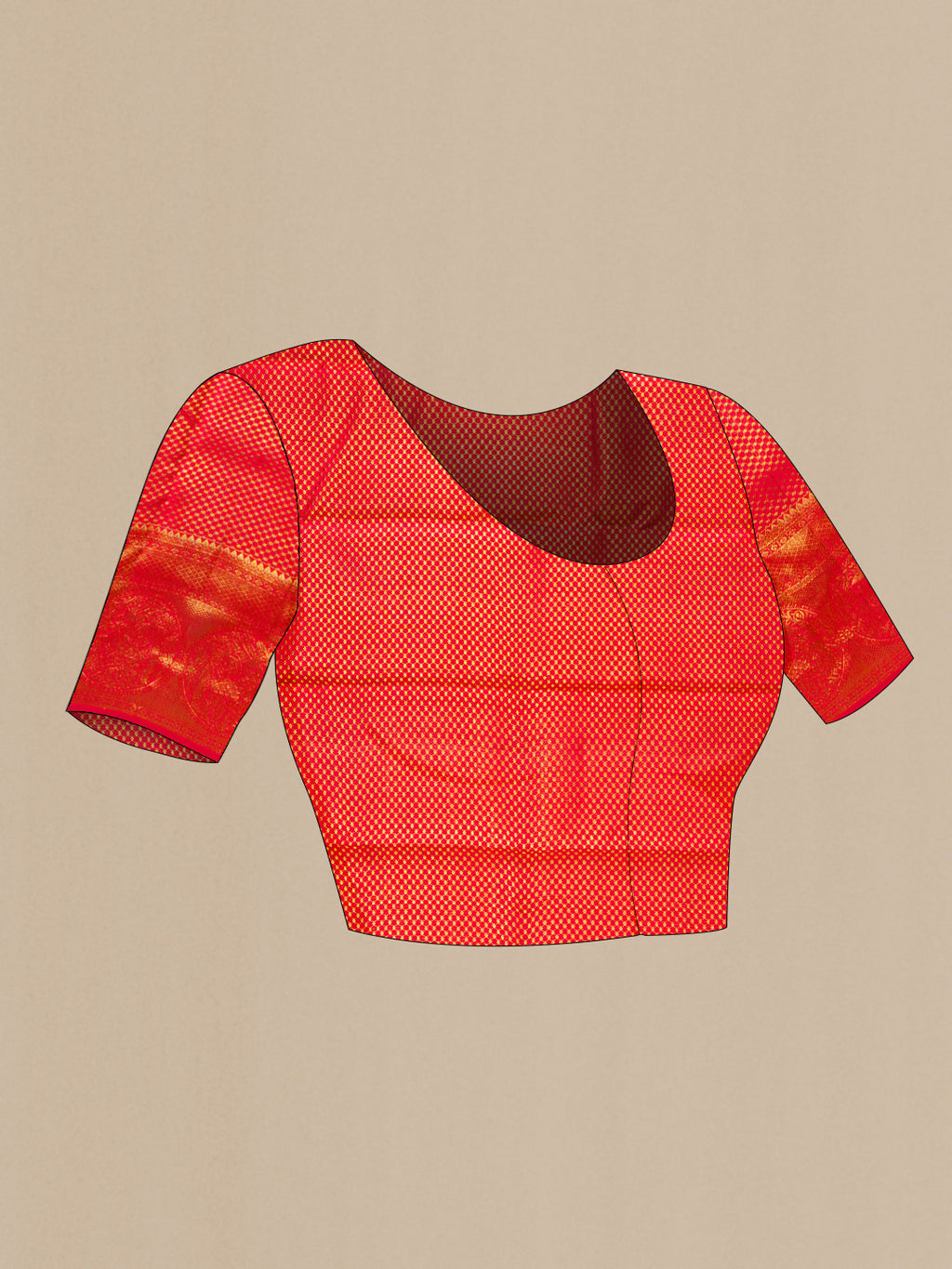 Close up image of the blouse of Pure Silk Red Kanchipuram Saree with Zari Brocade on the body and Fancy Border. 