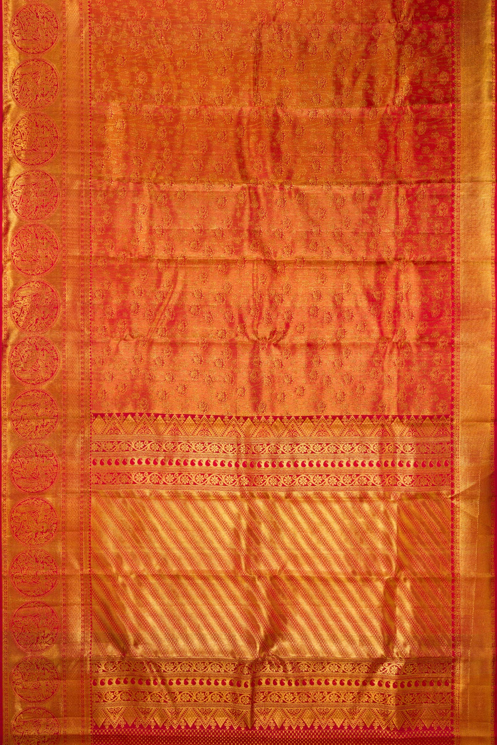 Flat view of Pure Silk Red Kanchipuram Saree with Zari Brocade on the body and Fancy Border. 