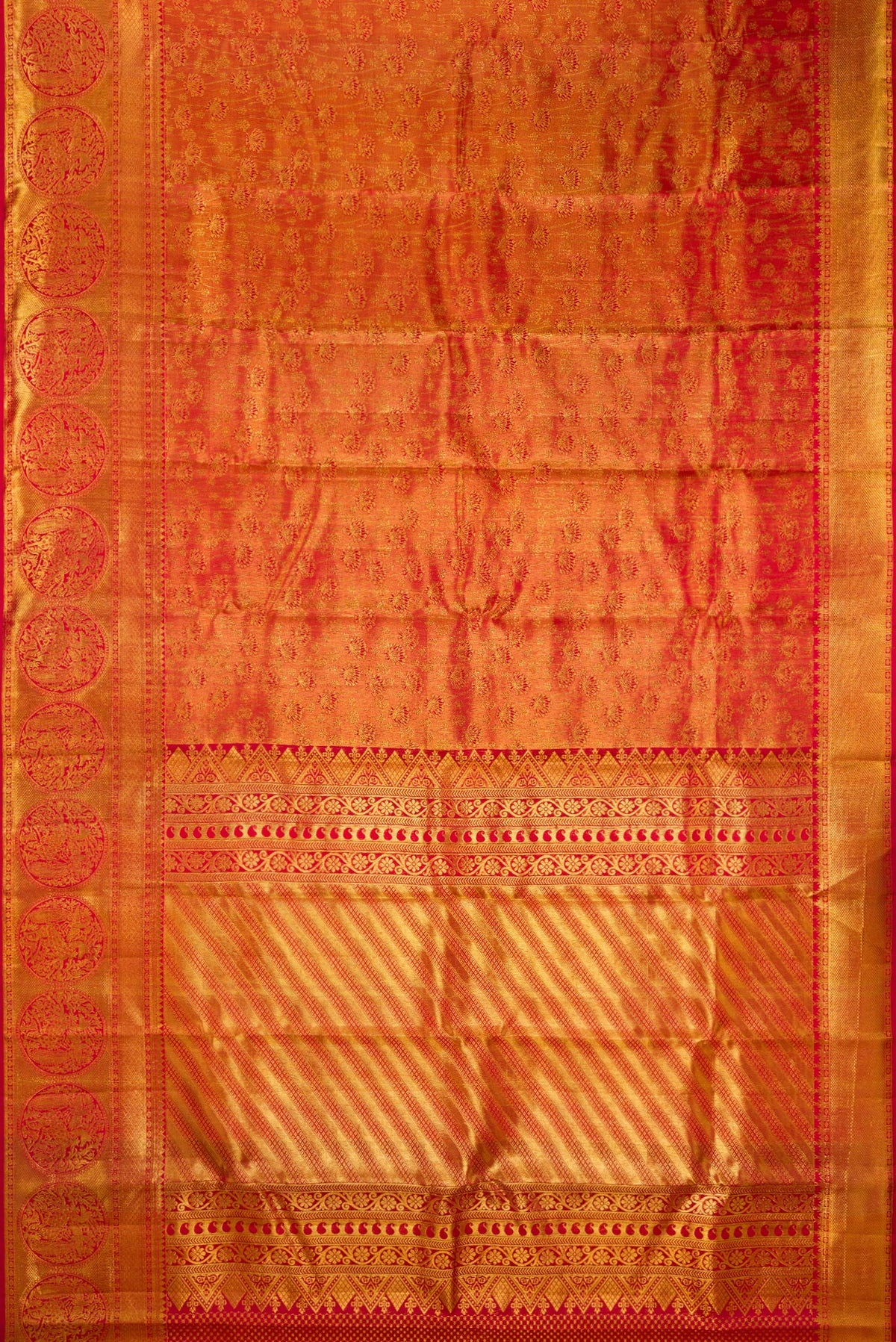 Flat view of Pure Silk Red Kanchipuram Saree with Zari Brocade on the body and Fancy Border. 