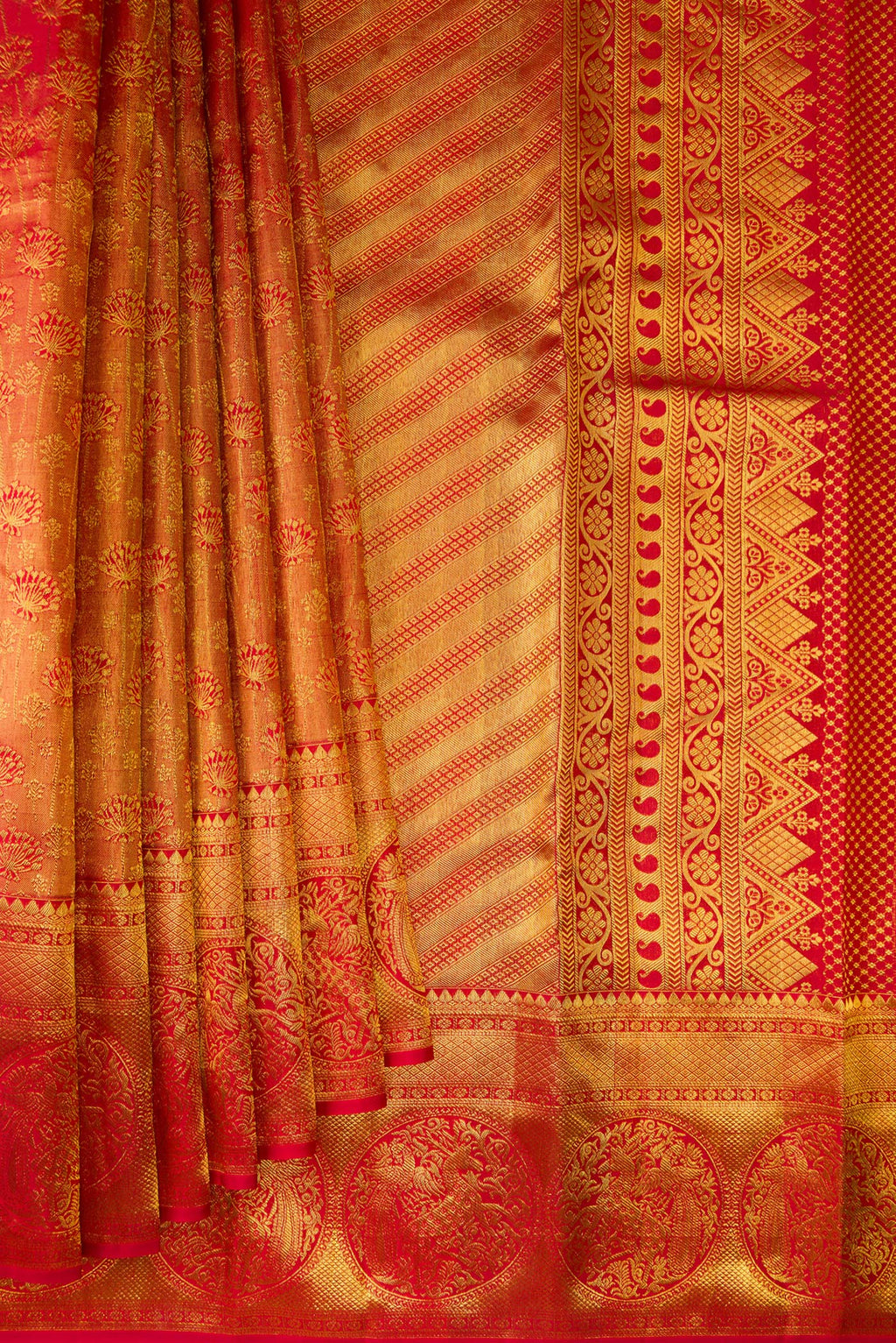 Pleats and pallu of Pure Silk Red Kanchipuram Saree with Zari Brocade on the body and Fancy Border. 