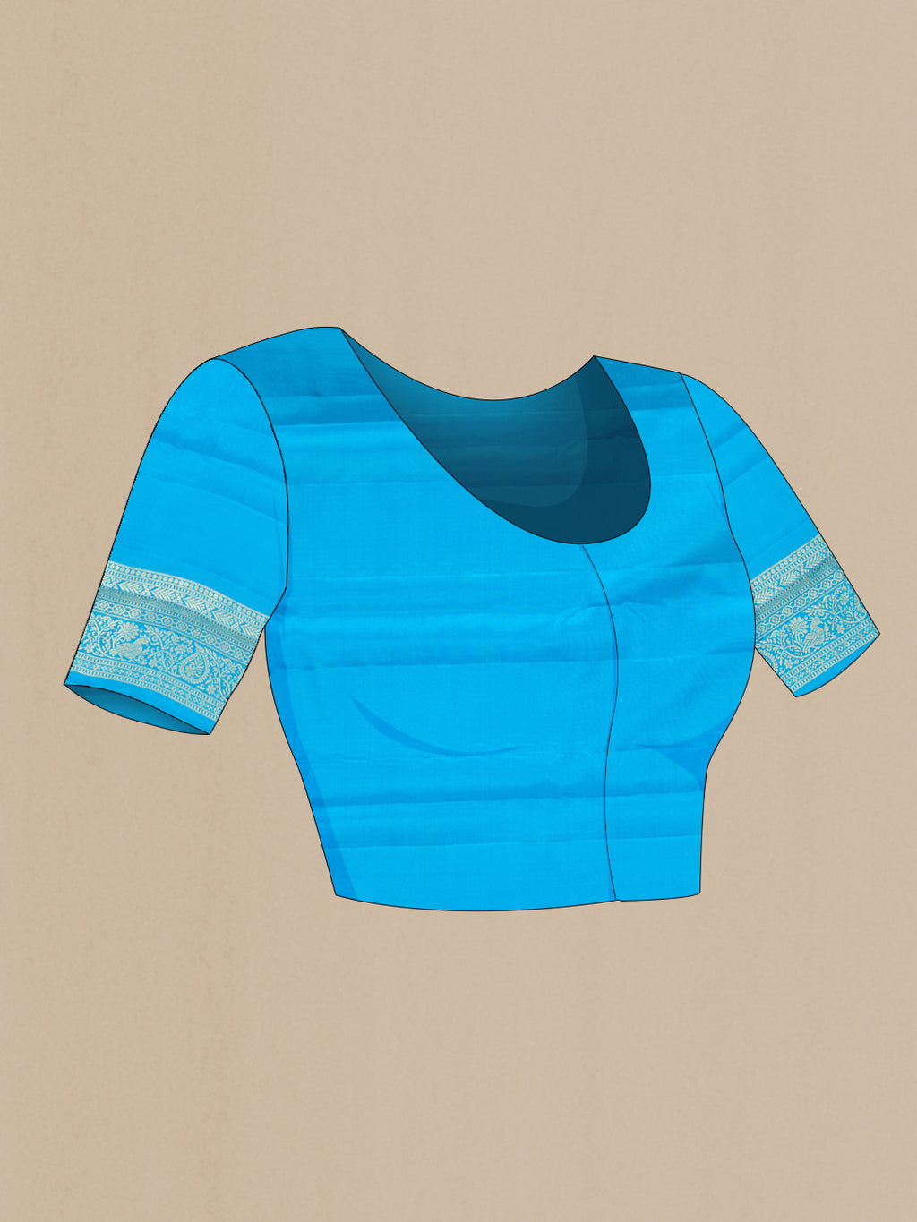 Close up image of the blouse of Pure Silk Sky Blue Kanchipuram Saree with Zari Brocade on the body and Fancy Border. 