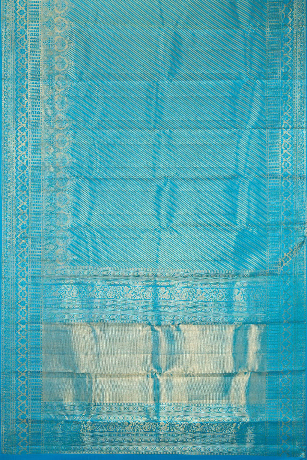Flat view of Pure Silk Sky Blue Kanchipuram Saree with Zari Brocade on the body and Fancy Border. 