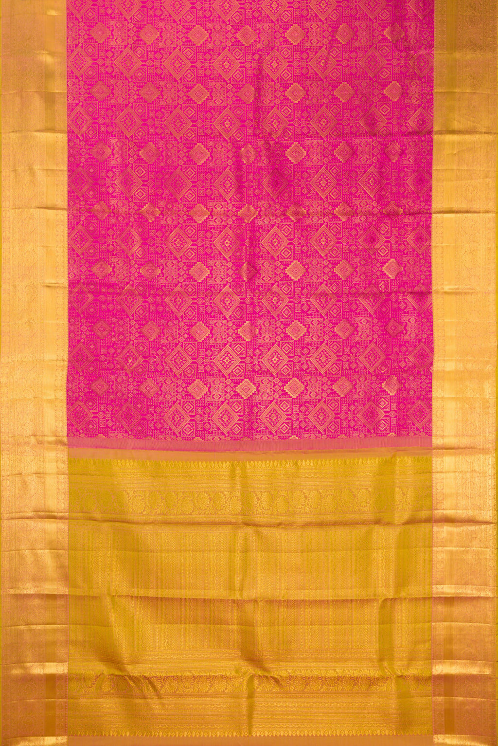Flat view of Pure Silk Pink Kanchipuram Saree with Zari Brocade on the body and Zari Border. 
