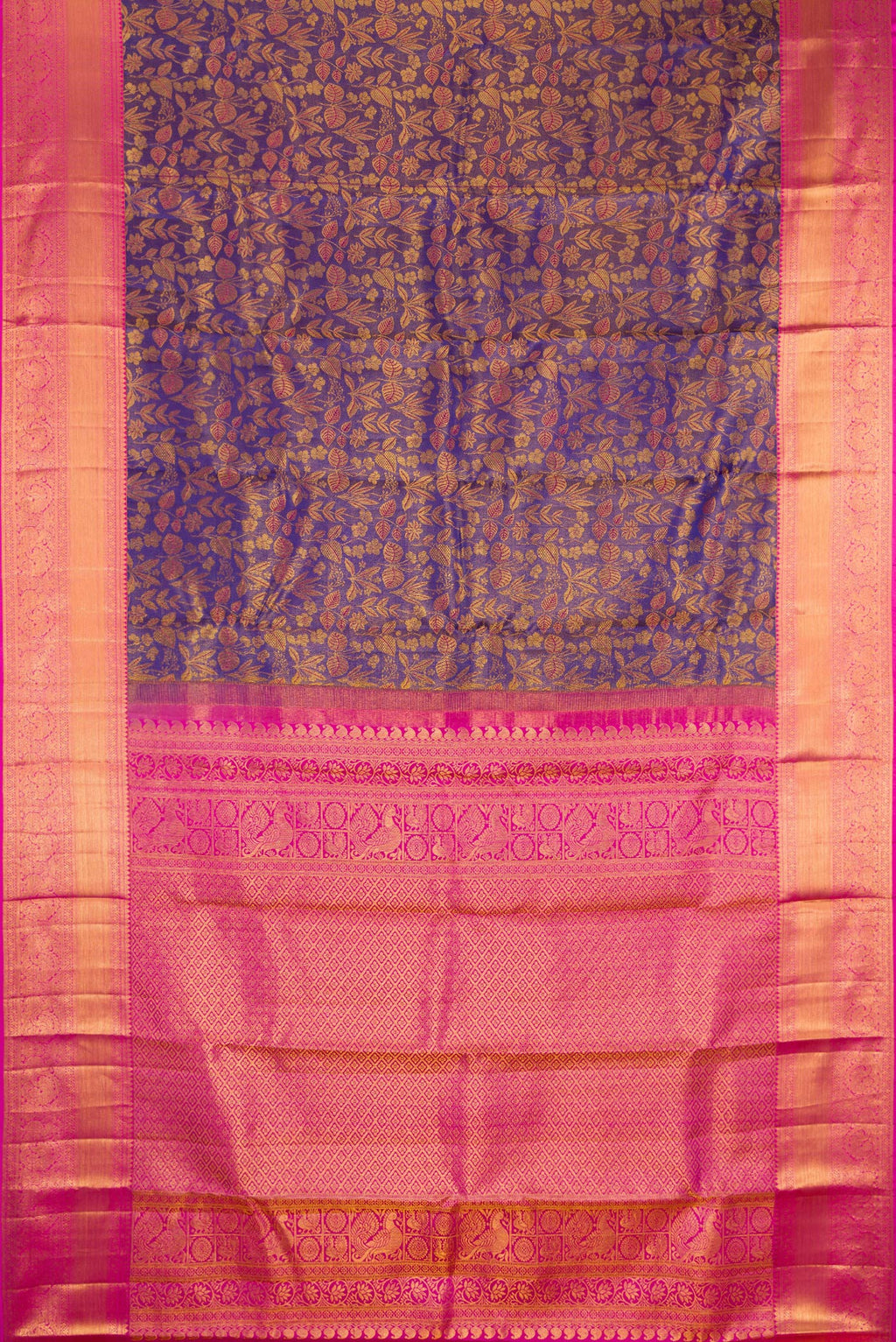 Flat view of Pure Silk Purple Dual Tone Kanchipuram Tissue Saree with Zari Brocade on the body and Zari Border. 