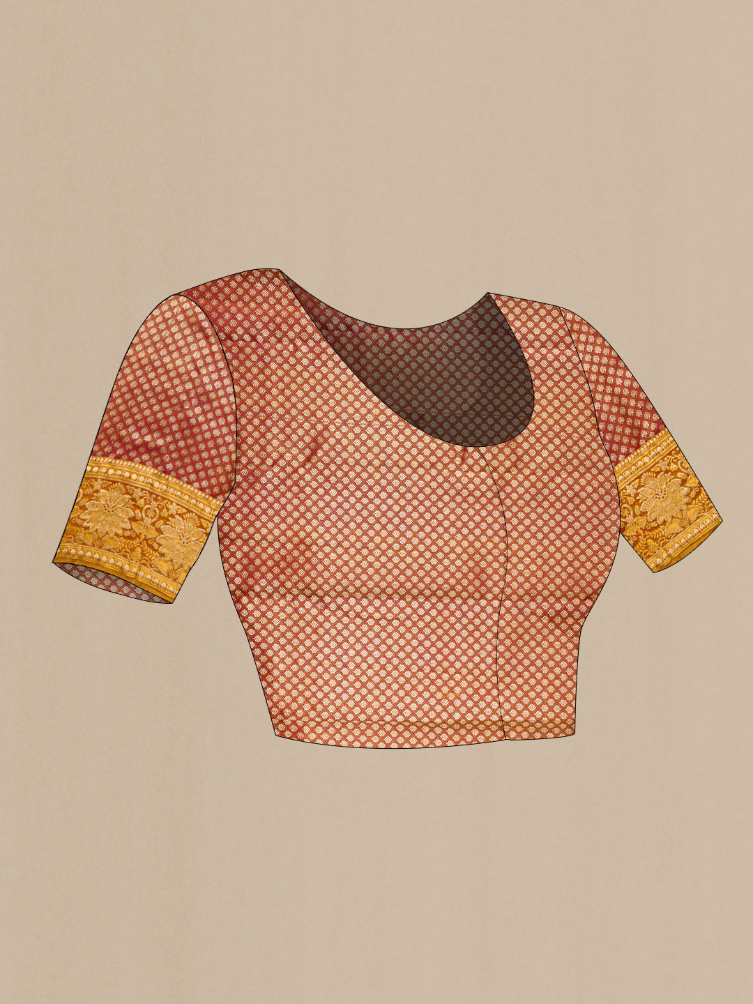 Close up image of the blouse of Yellow Kanchipuram Tissue Saree with Zari Brocade on the body and Fancy Border. 
