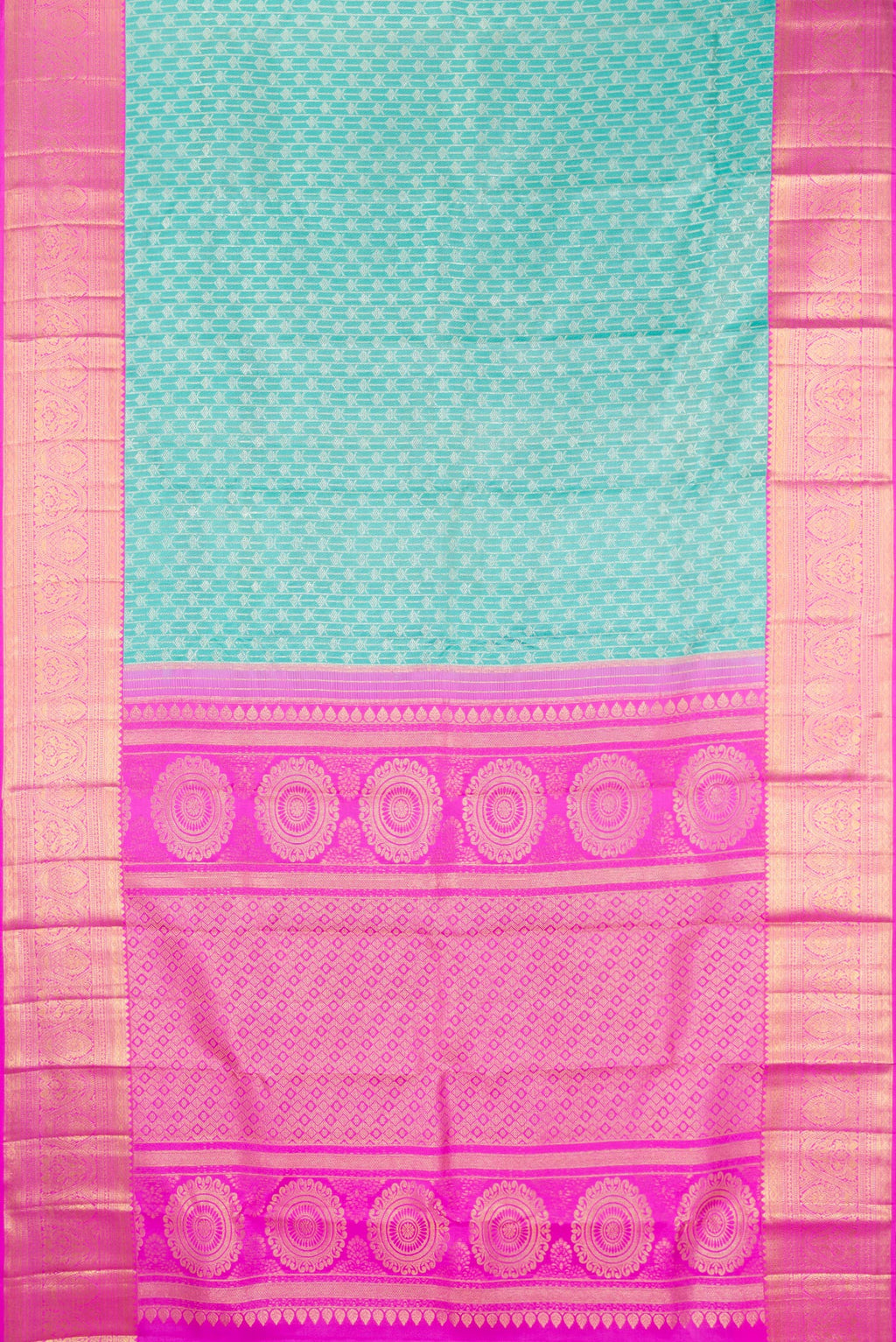 Flat view of Pure Silk Light Blue Kanjivaram Tissue Saree with Zari Brocade on the body and Zari Border. 