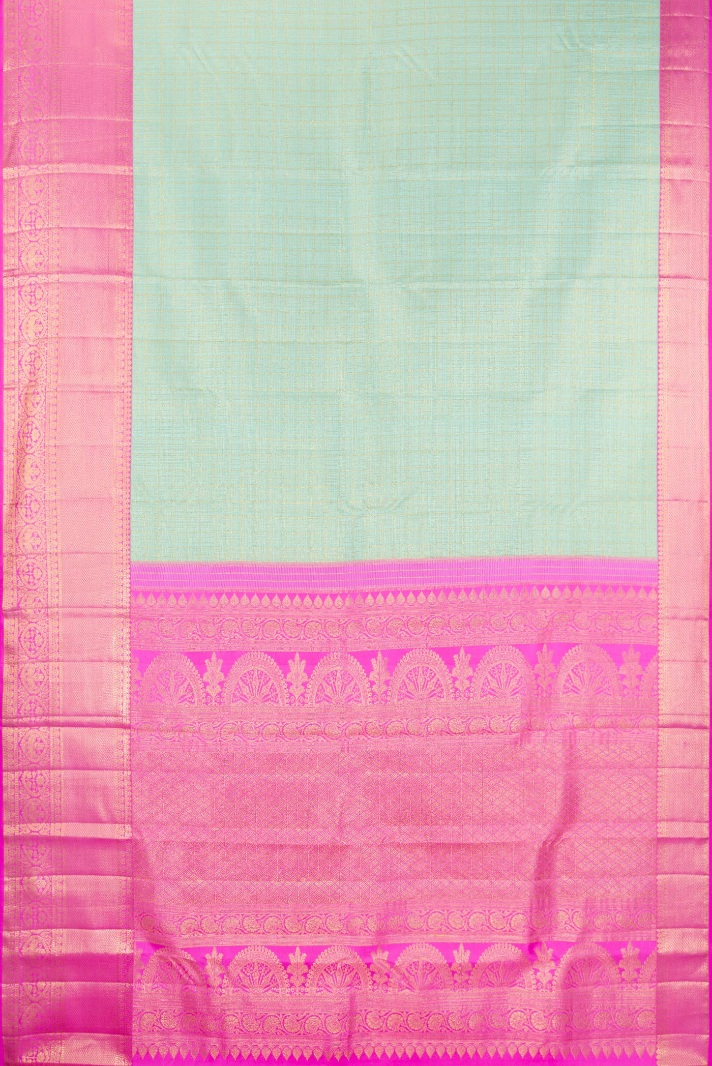 Flat view of Pure Silk Light Blue Kanjivaram Saree with Zari Brocade on the body and Zari Border. 