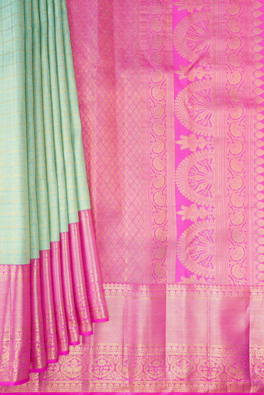 Pleats and pallu of Pure Silk Light Blue Kanjivaram Saree with Zari Brocade on the body and Zari Border. 