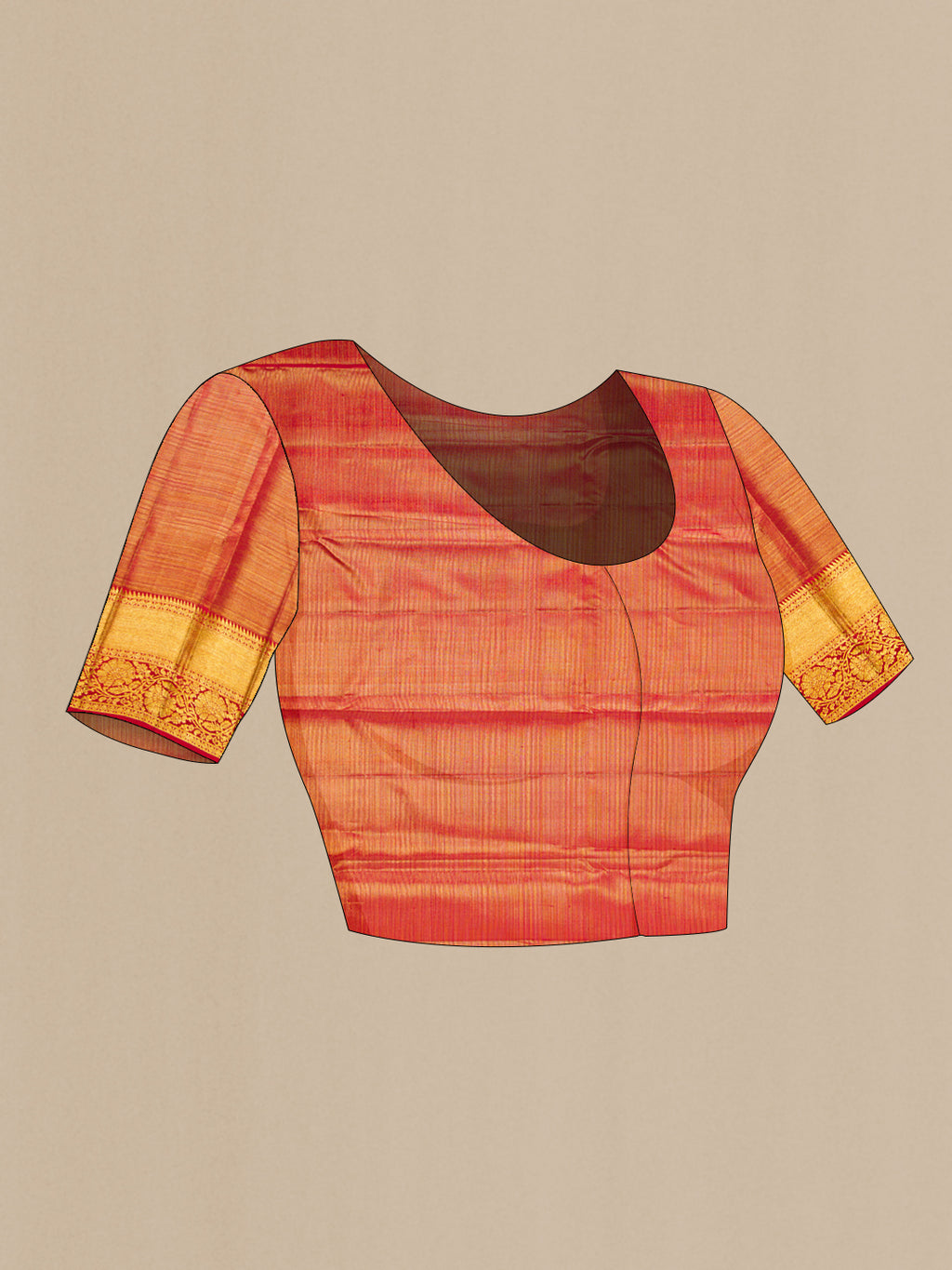 Close up image of the blouse of Pure Silk Maroon Dual Tone Kanjivaram Tissue Saree with Zari Brocade on the body and Zari Border. 