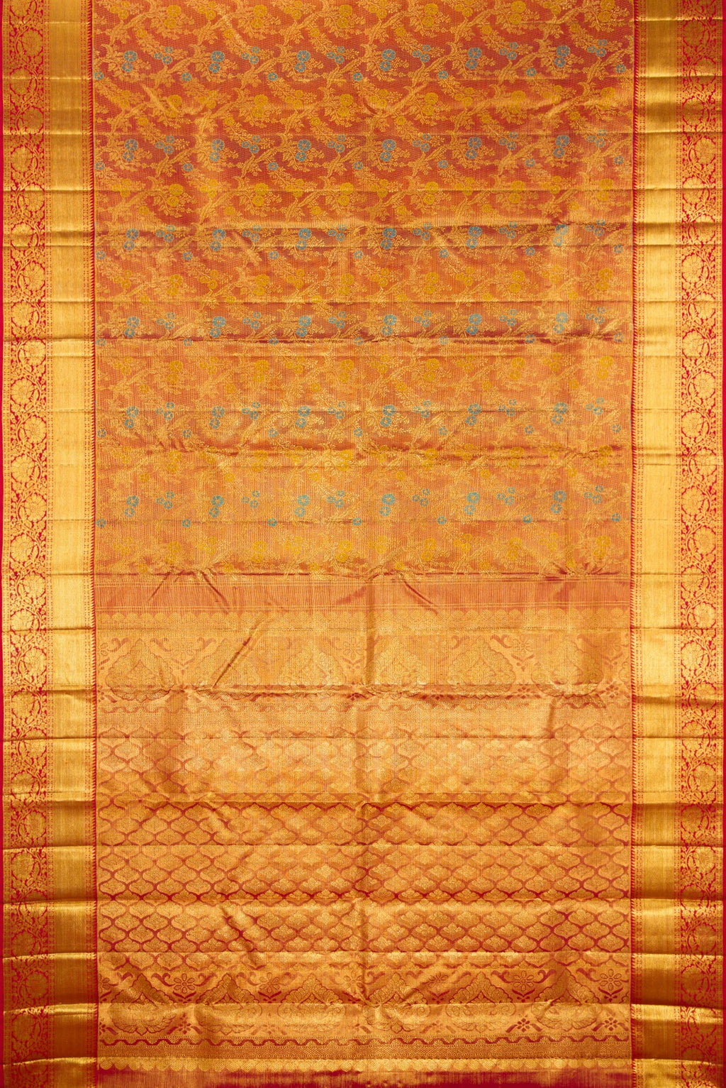 Flat view of Pure Silk Maroon Dual Tone Kanjivaram Tissue Saree with Zari Brocade on the body and Zari Border. 