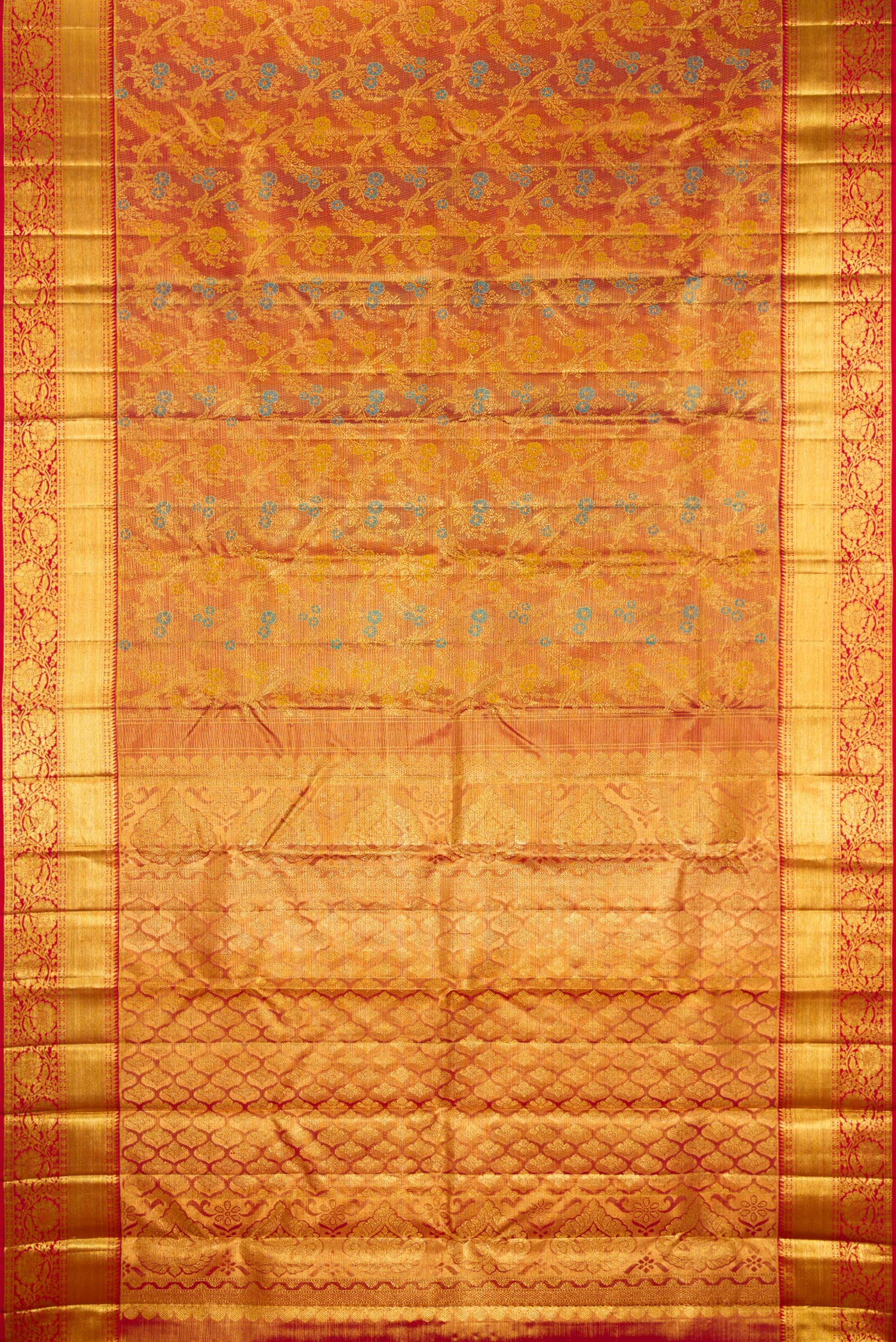 Flat view of Pure Silk Maroon Dual Tone Kanjivaram Tissue Saree with Zari Brocade on the body and Zari Border. 