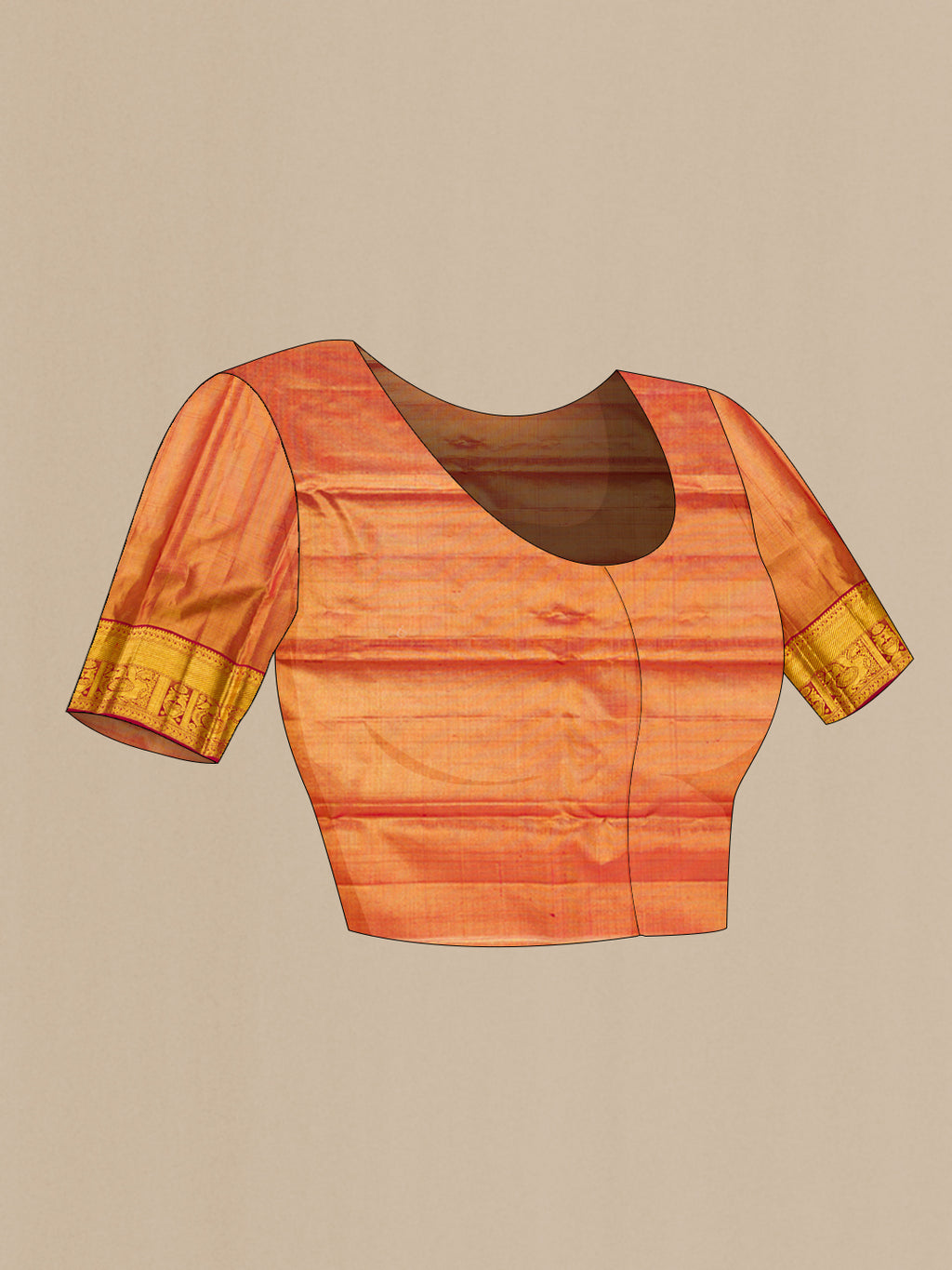 Close up image of the blouse of Gold Dual Tone Kanchipuram Tissue Saree with Zari Brocade on the body and Zari Border. 