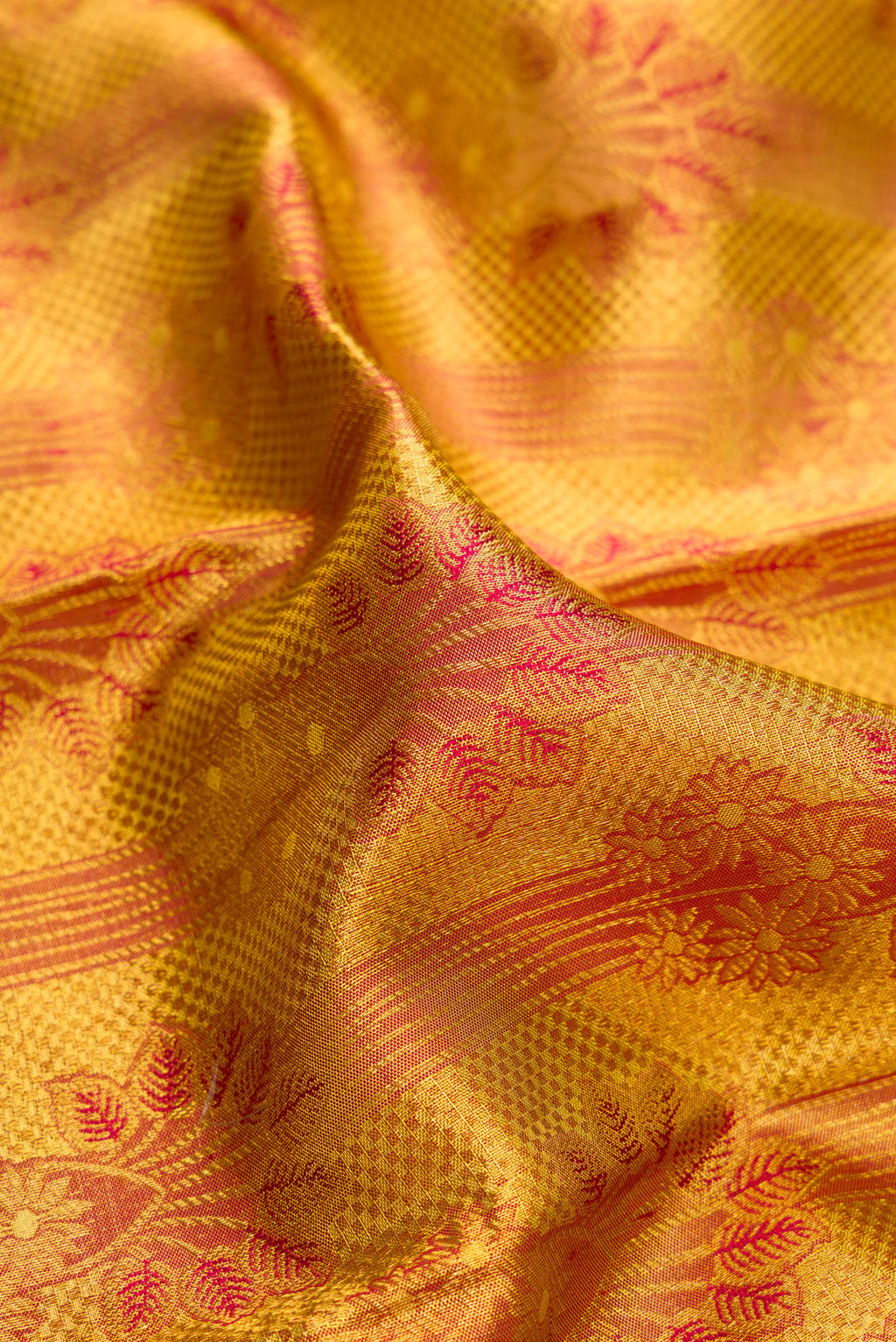 Close up of Gold Dual Tone Kanchipuram Tissue Saree with Zari Brocade on the body and Zari Border.  displaying folds