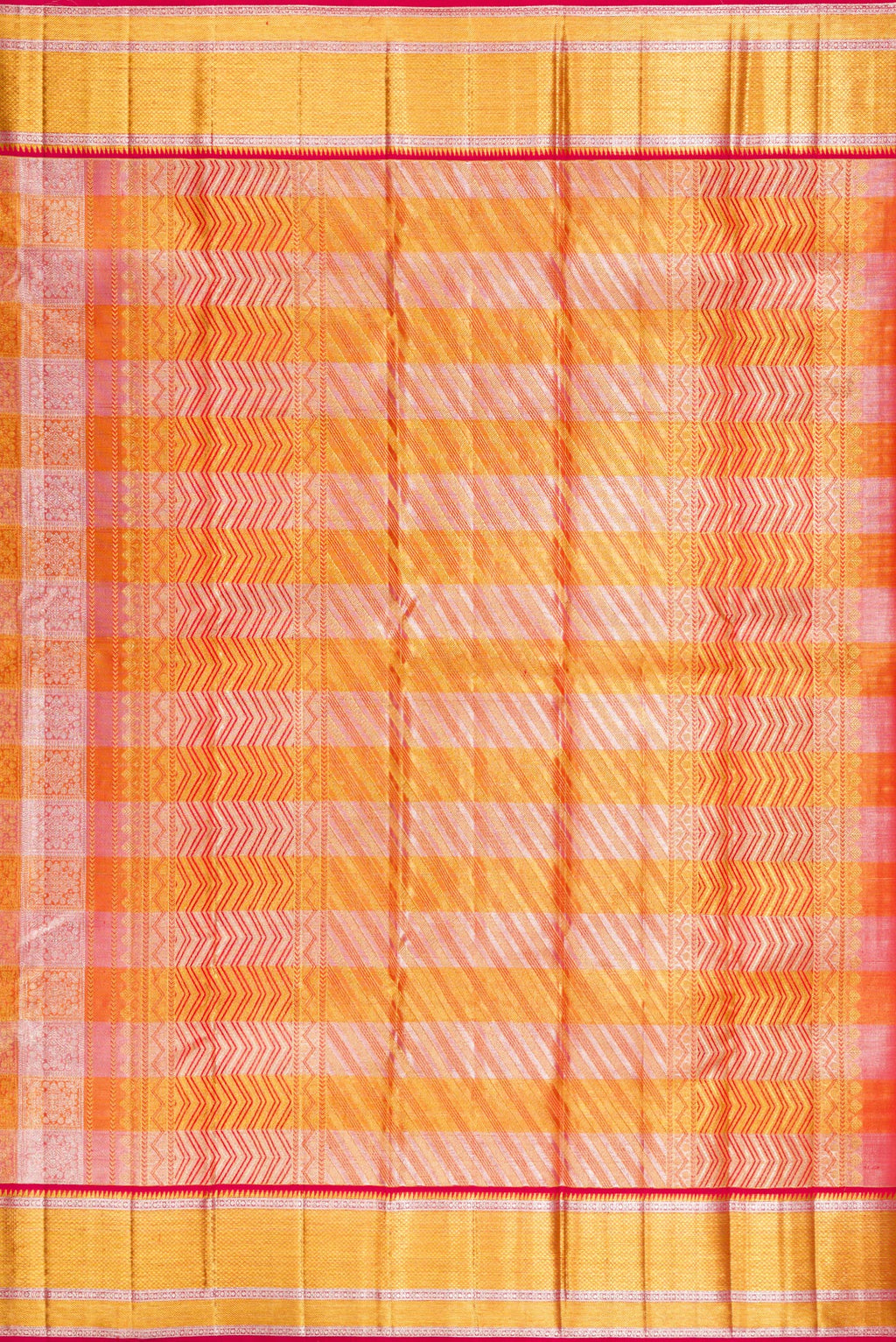 Close up image of the pallu of Multi Color Kanchipuram Tissue Saree with Zari Brocade on the body and Zari Border. 