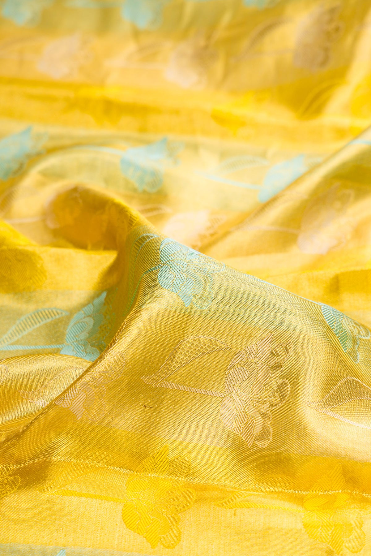 Close up of Pure Silk Yellow Dual Tone Kanchipuram Tissue Saree with Zari Brocade on the body and Zari Border.  displaying folds