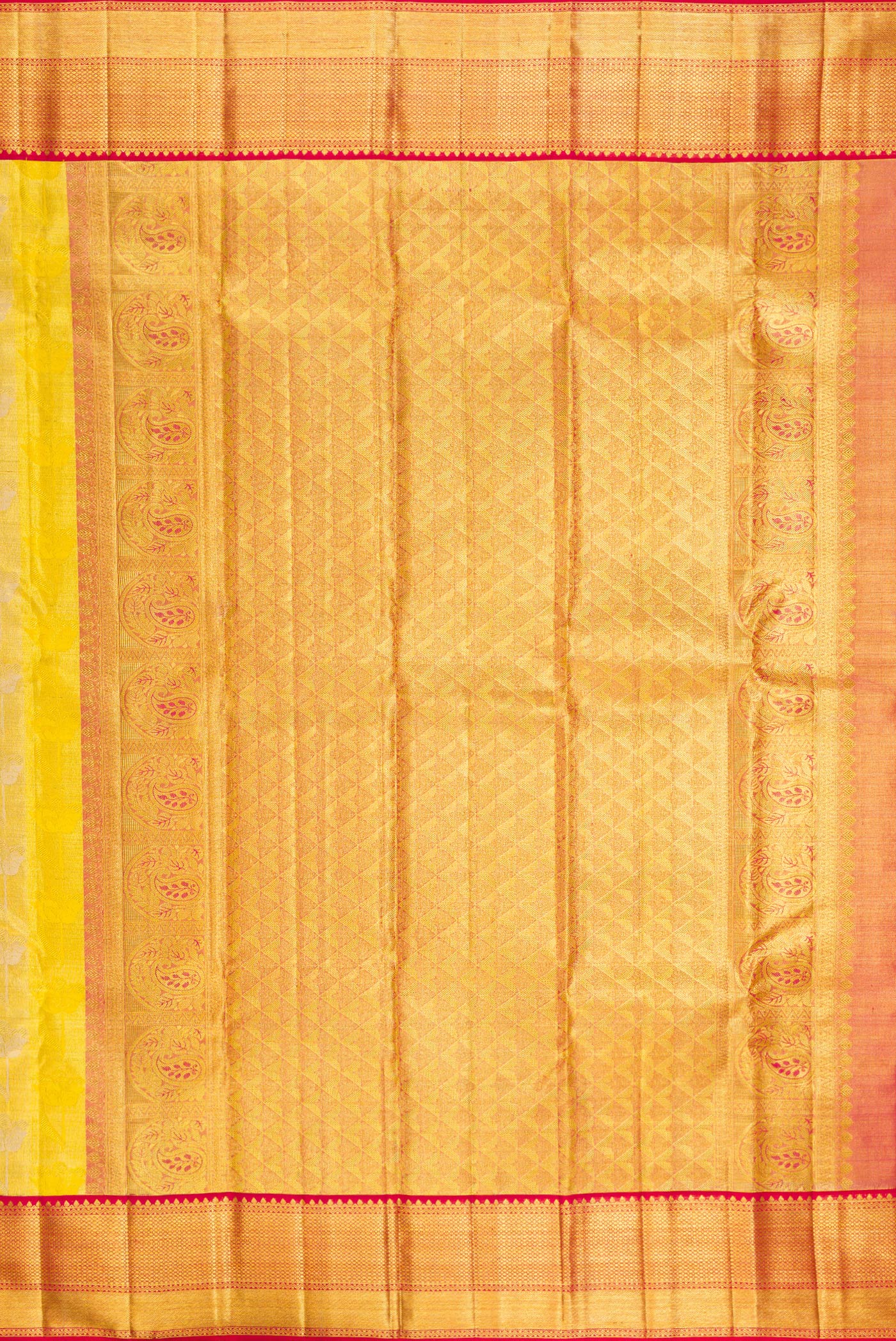 Close up image of the pallu of Pure Silk Yellow Dual Tone Kanchipuram Tissue Saree with Zari Brocade on the body and Zari Border. 