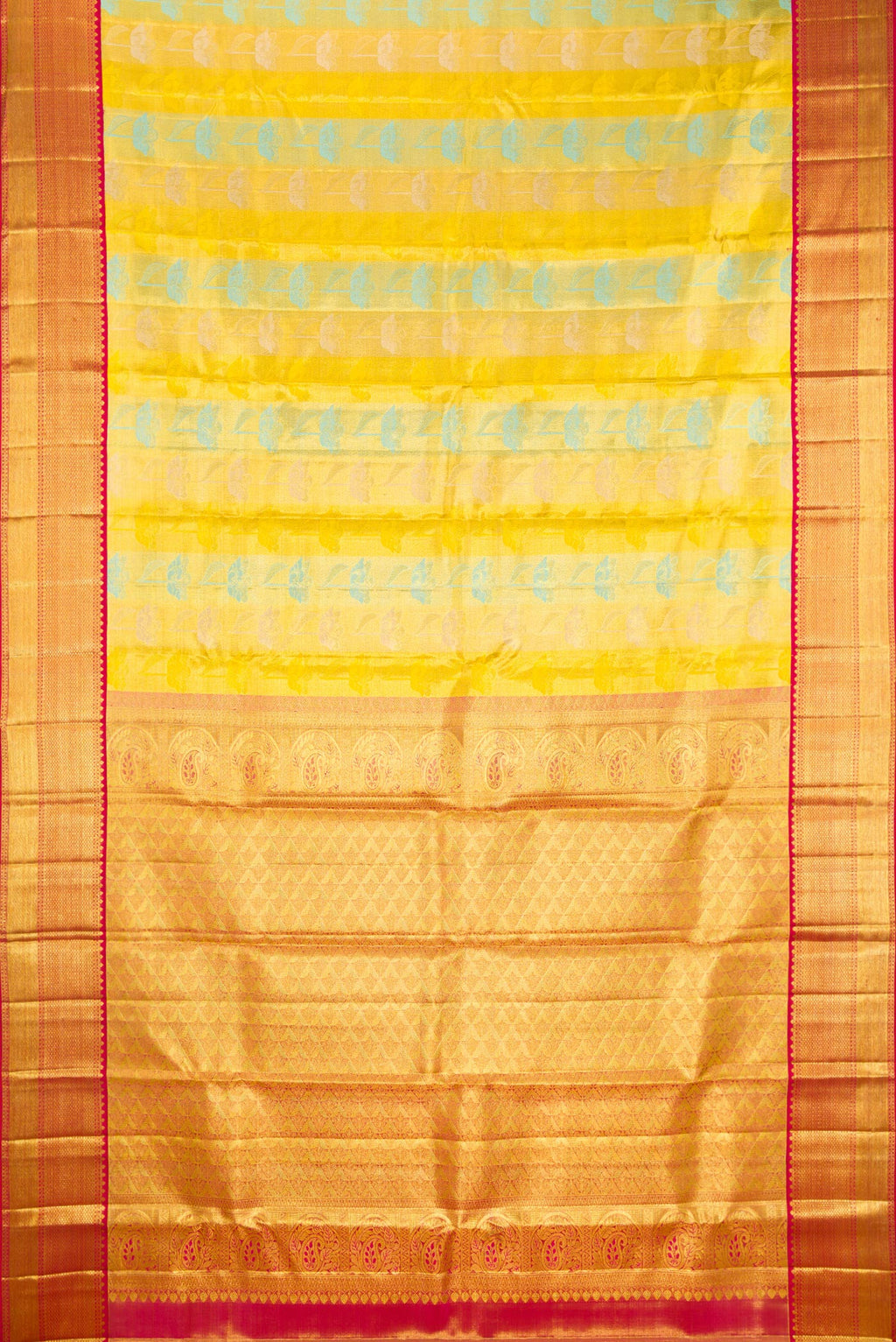 Flat view of Pure Silk Yellow Dual Tone Kanchipuram Tissue Saree with Zari Brocade on the body and Zari Border. 